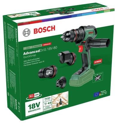 Grüne Bosch-Verpackung für 'AdvancedDrill 18V-80 QuickSnap'. Enthält kabellose Bohrmaschine mit Zubehör. Europäische Flagge und Energieinformationen rechts unten.