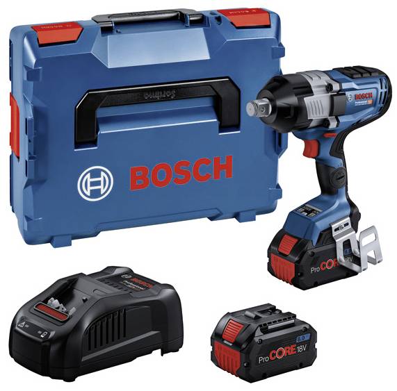 Akkuschlagschrauber-Set bestehend aus einem Bosch-Schlagschrauber, Ladegerät, ProCORE18V-Akku und einer blauen Transportbox.