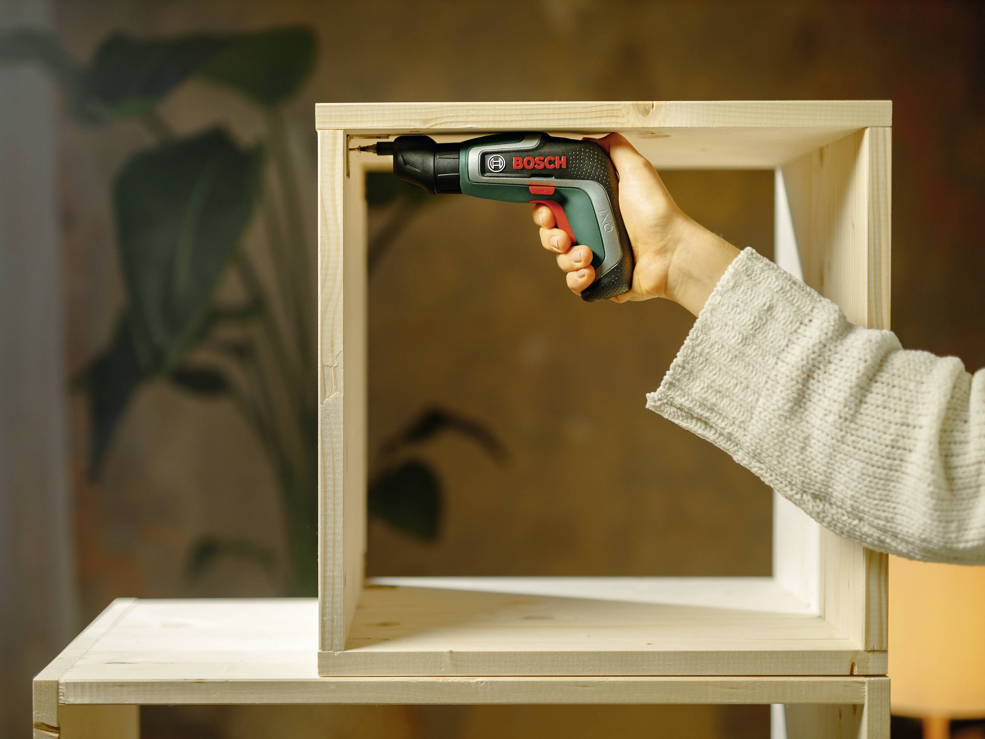 Eine Hand hält einen Akkuschrauber und befestigt damit ein Holzregal. Im Hintergrund ist eine unscharfe Pflanze zu sehen.