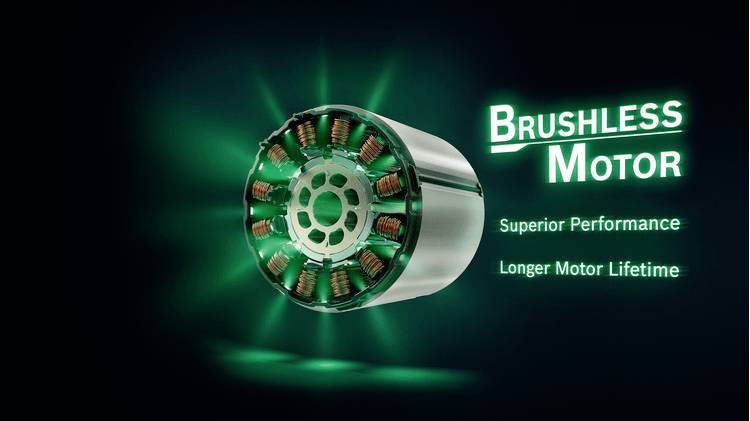 Bild eines bürstenlosen Motors mit grüner Beleuchtung. Text: 'Brushless Motor. Superior Performance. Longer Motor Lifetime.'