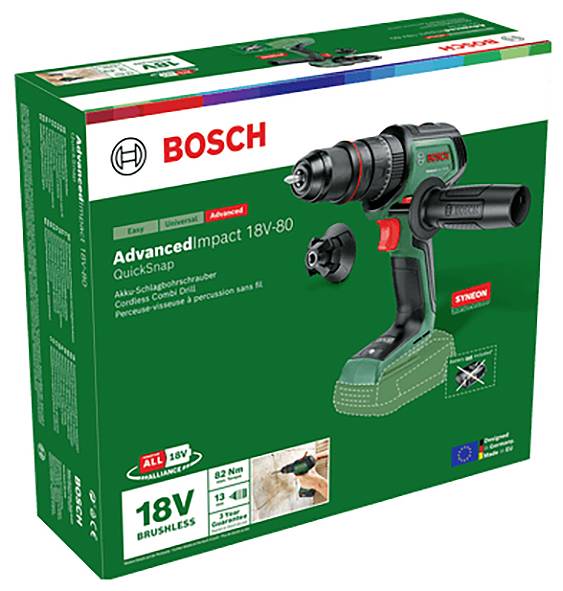 Verpackung einer Bosch AdvancedImpact 18V-80 QuickSnap Bohrmaschine. Enthält Bohrer, Akkus und Zubehör. Ideal für präzises Arbeiten.