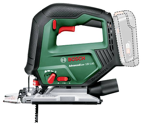 Akkustichsäge von Bosch, Modell AdvancedCut 18V-140, mit ergonomischem Griff und grauem Sägeblatt, geeignet für präzise Holzschnitte.
