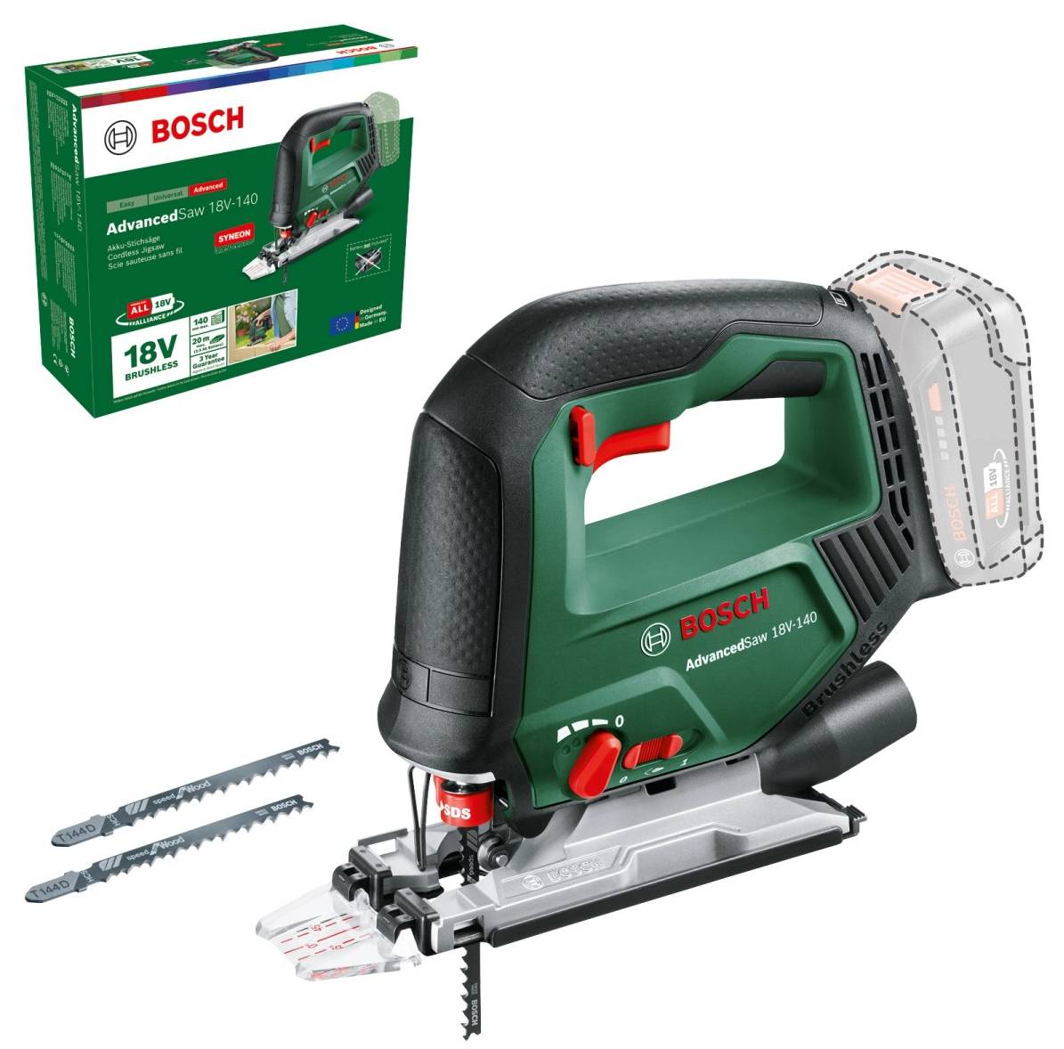 Akkustichsäge Bosch AdvancedCut 18V mit zwei Ersatzsägeblättern, im Hintergrund die Originalverpackung. Professionelles Werkzeug.