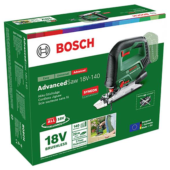 Verpackung einer Bosch Akkustichsäge. Modell AdvancedSaw 18V-140. Merkmale: 18V, bürstenlos, inkl. 3 Jahre Garantie.