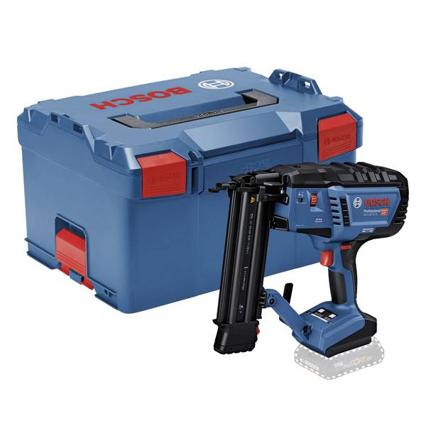 Ein blauer Bosch-Nagler mit rot-blauem Koffer. Das Werkzeug ist batteriebetrieben und für die professionelle Holzverarbeitung geeignet.