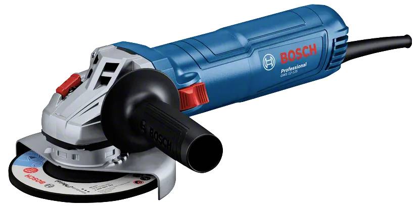 Blauer Bosch Professional Winkelschleifer mit Seitengriff und Trennscheibe, gezeigt auf weißem Hintergrund.