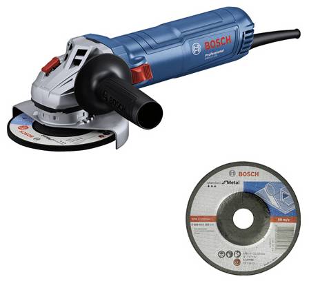 Elektrowerkzeug: Eine blaue Bosch-Winkelschleifmaschine mit schwarzem Griff, daneben eine Schleifscheibe für Metallbearbeitung.