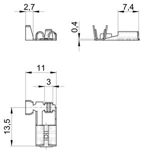 Technische Zeichnung eines elektrischen Steckverbinders mit Abmessungen: Breite 2,7 mm, Höhe 13,5 mm, Tiefe 7,4 mm. Zeigt Schnittansicht.