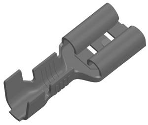 Ein grauer, metallischer Steckverbinder in rechteckiger Form, mit zwei Öffnungen auf einer Seite und einer einzelnen Öffnung auf der anderen Seite.