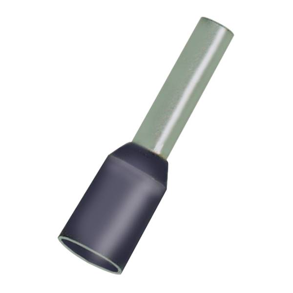 Eine isolierte, metallisch aussehende Ferrule, die in elektrischen Anwendungen zur Verbindung und Stabilisierung von Kabeln verwendet wird.