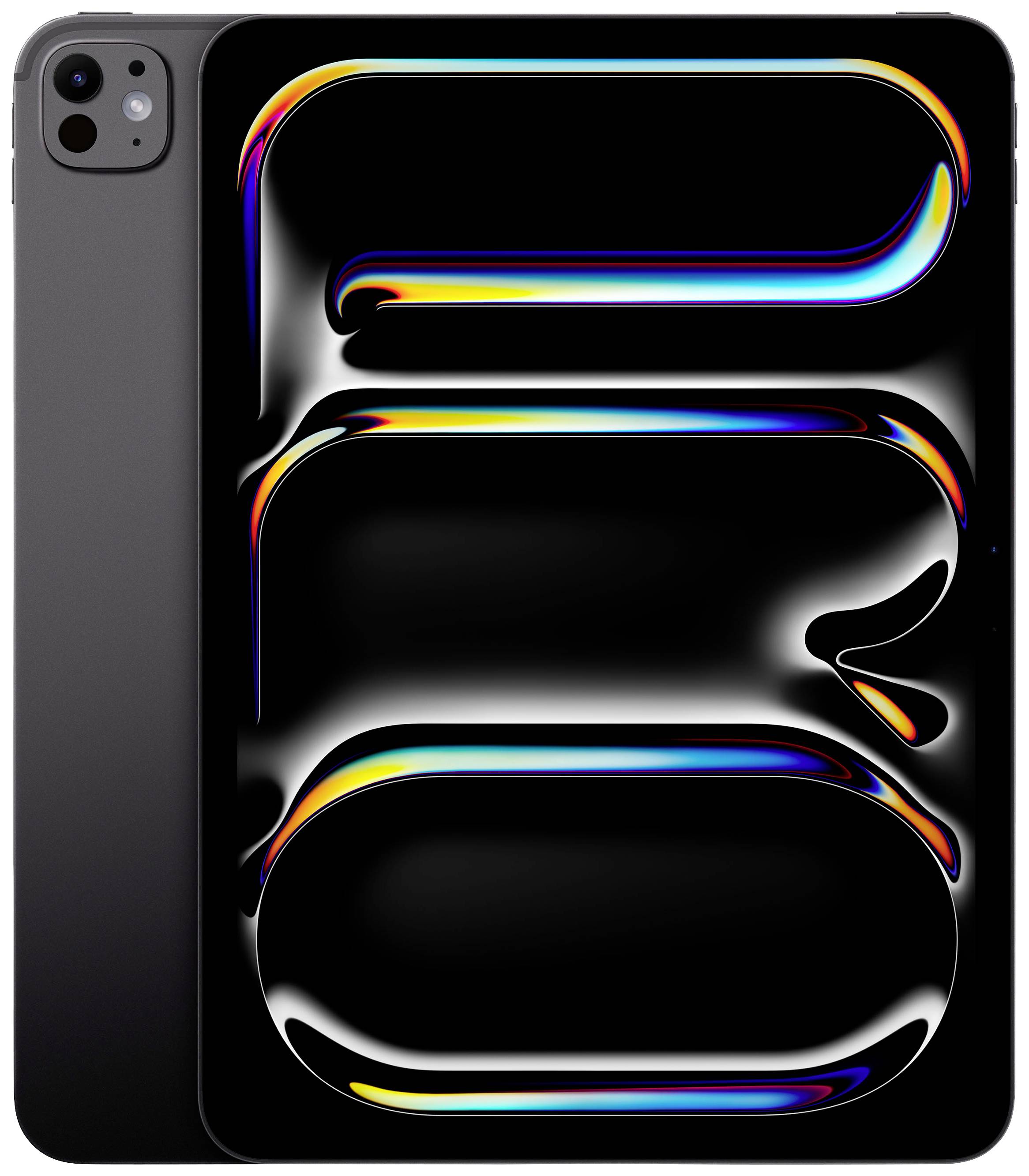 Ein Tablet mit schwarzem Bildschirm, der ein abstraktes, glänzendes und buntes Design zeigt. Die Rückseite ist dunkelgrau.