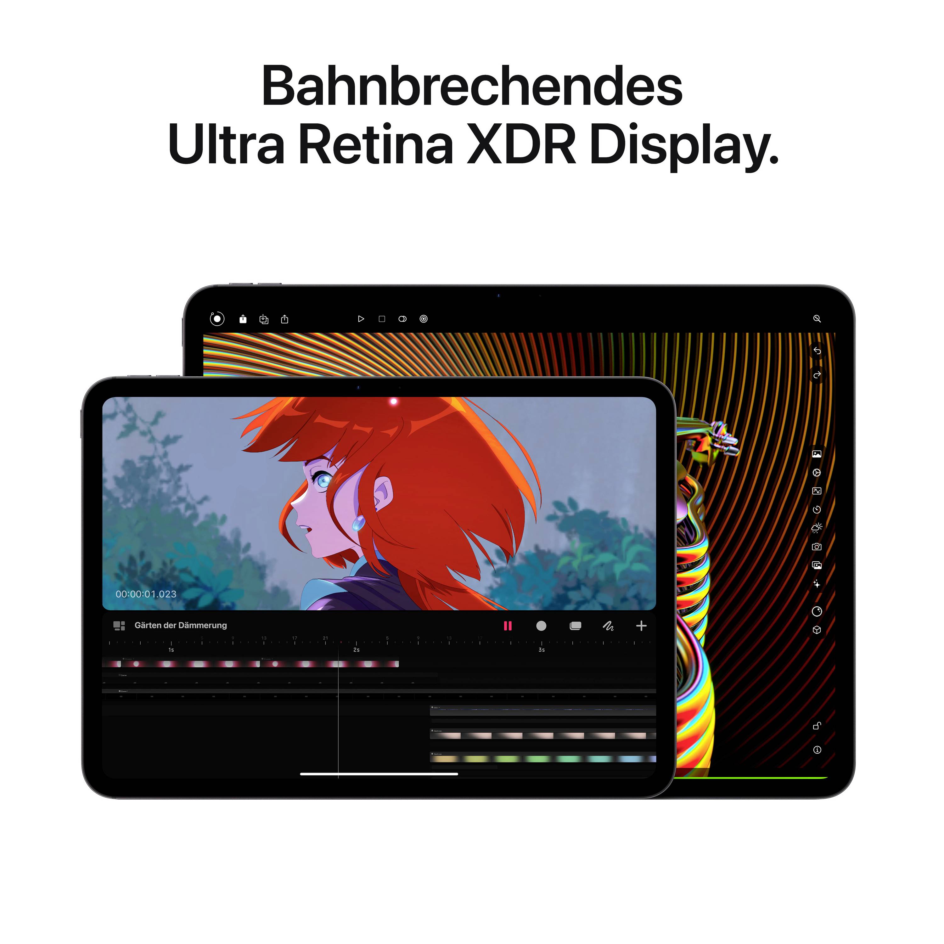Tablets mit 'Bahnbrechendes Ultra Retina XDR Display' Text. Vorderes Tablet zeigt ein rotes Haar-Motiv und Videobearbeitungsleiste.