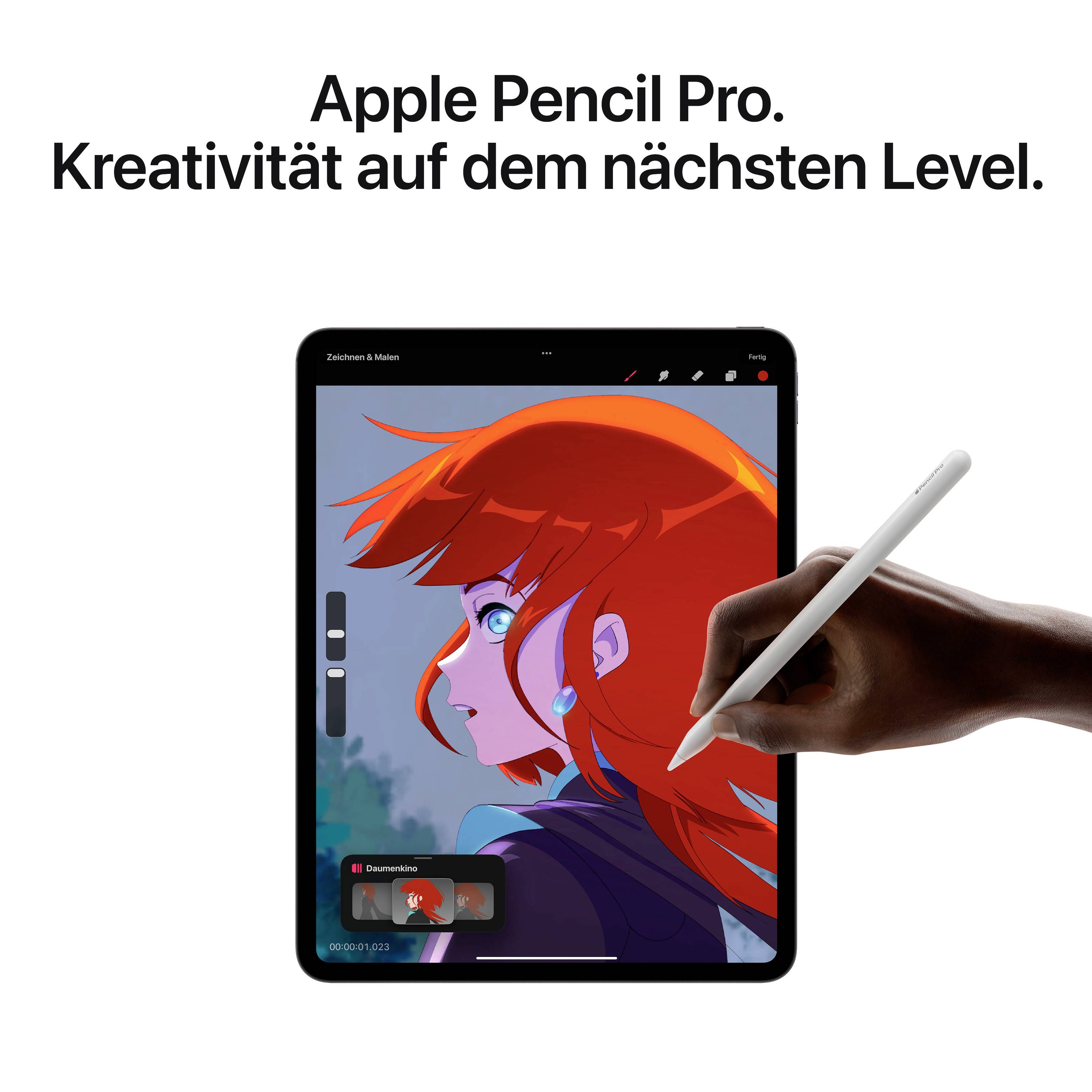 Tablet mit gezeichnetem Charakter auf dem Display. Eine Hand hält einen weißen Stift nahe dem Bildschirm. Text oben: 'Apple Pencil Pro. Kreativität auf dem nächsten Level.'