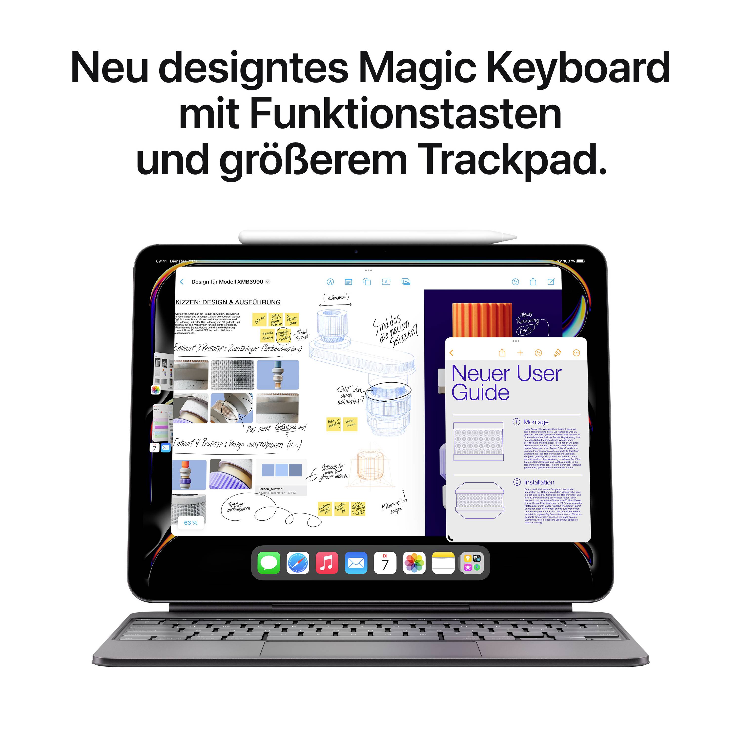 Ein Tablet mit Tastatur zeigt eine Designsoftware. Darüber steht: 'Neu designtes Magic Keyboard mit Funktionstasten und größerem Trackpad.'