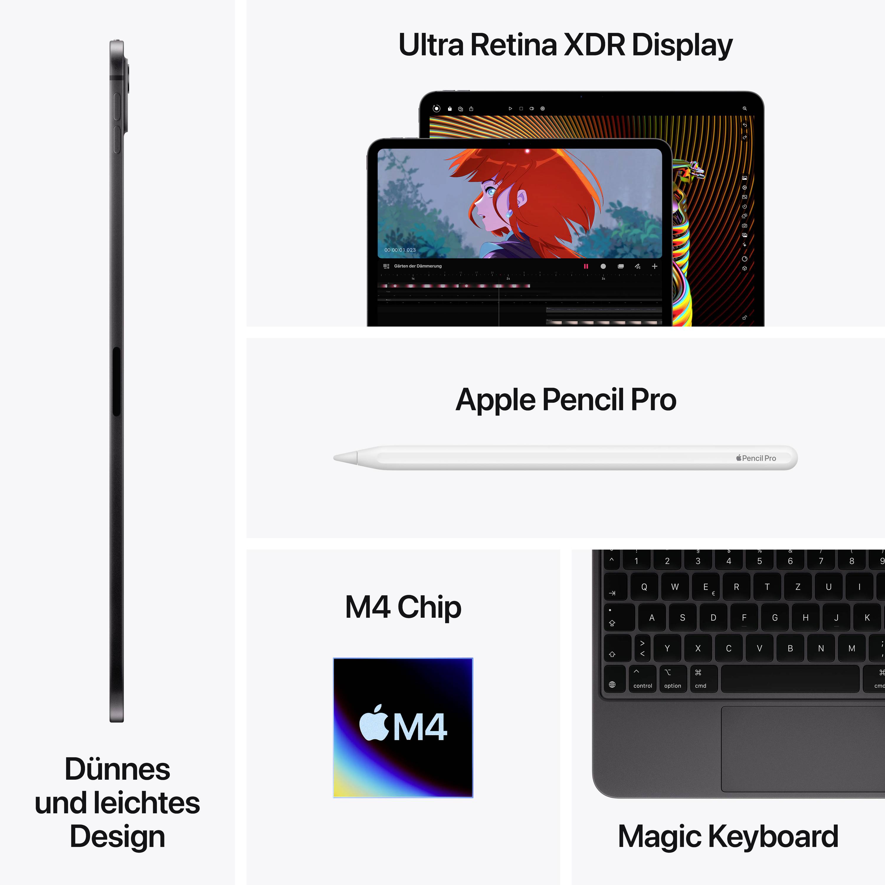 Produktbild eines Tablets mit Ultra Retina XDR Display, seitlicher Ansicht des Tablets, Apple Pencil Pro, M4 Chip, und Magic Keyboard.