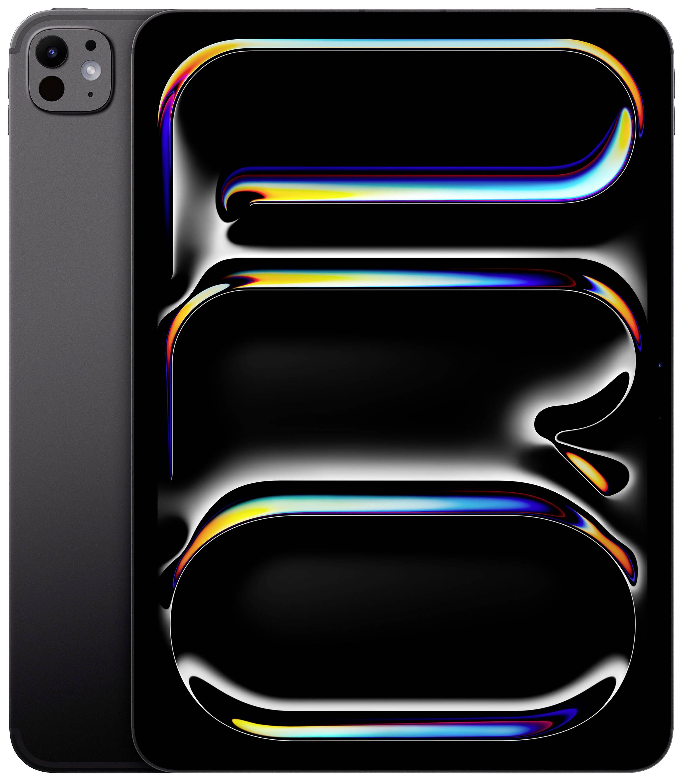 Das Bild zeigt ein modernes Tablet mit schwarzem Gehäuse und einem Bildschirm, der bunte, abstrakte Formen darstellt.