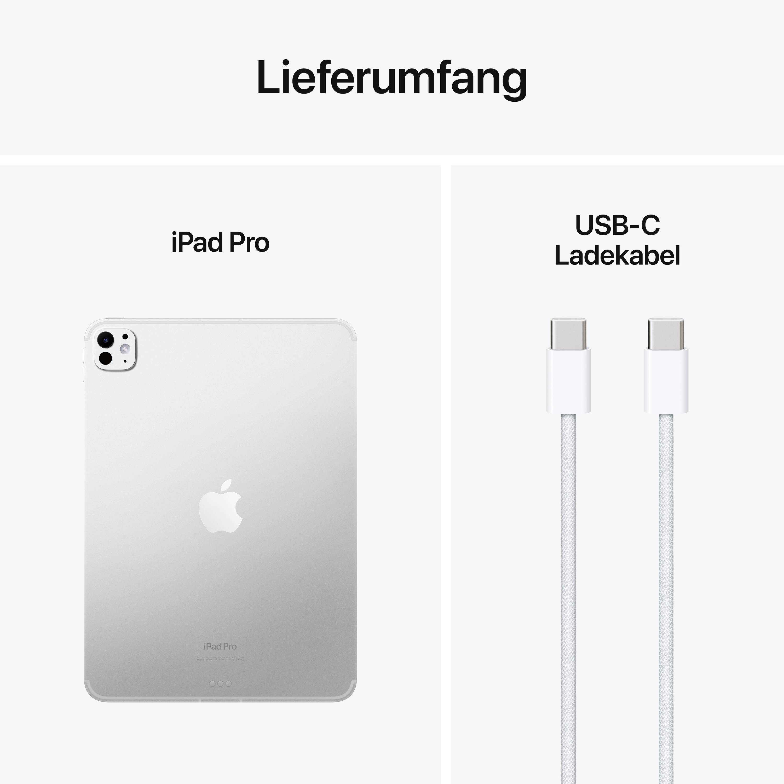 Ein iPad Pro und ein USB-C Ladekabel, dargestellt unter der Überschrift 'Lieferumfang'.
