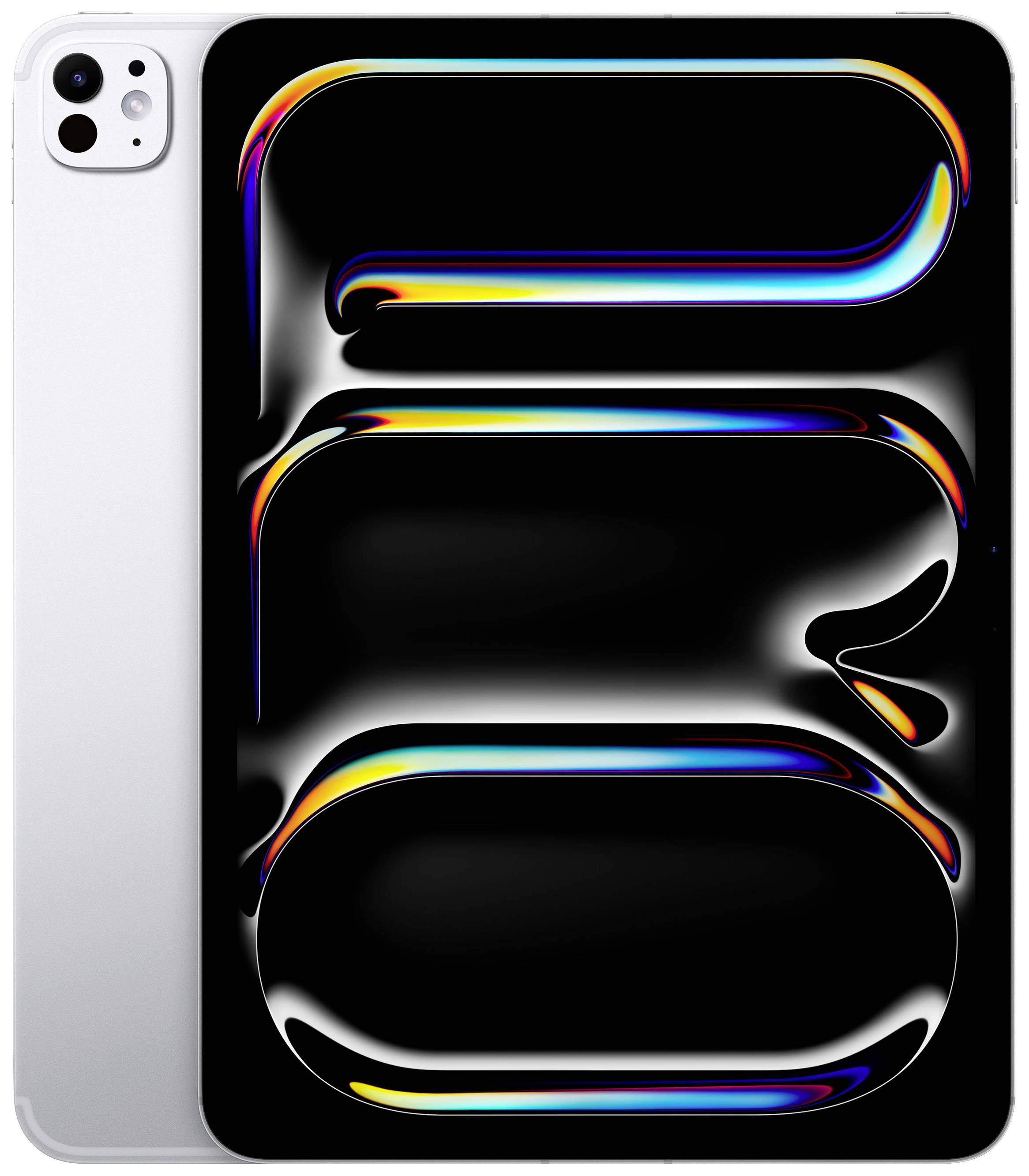 Ein modernes Smartphone mit dualen Kameras auf der Rückseite, daneben ein hochauflösender Bildschirm, der bunte Muster zeigt.