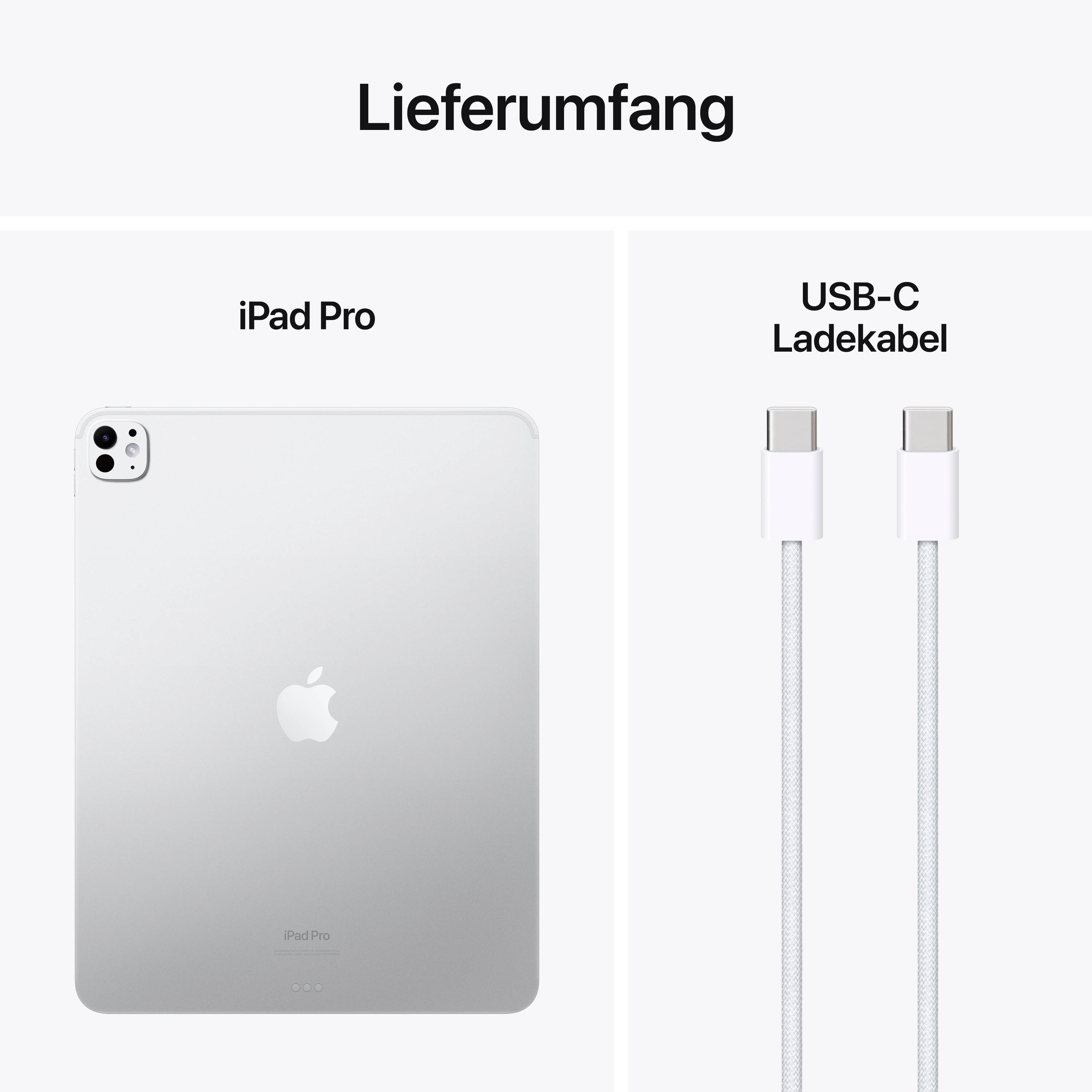 Lieferumfang des Produkts: iPad Pro und USB-C Ladekabel abgebildet auf weißem Hintergrund.