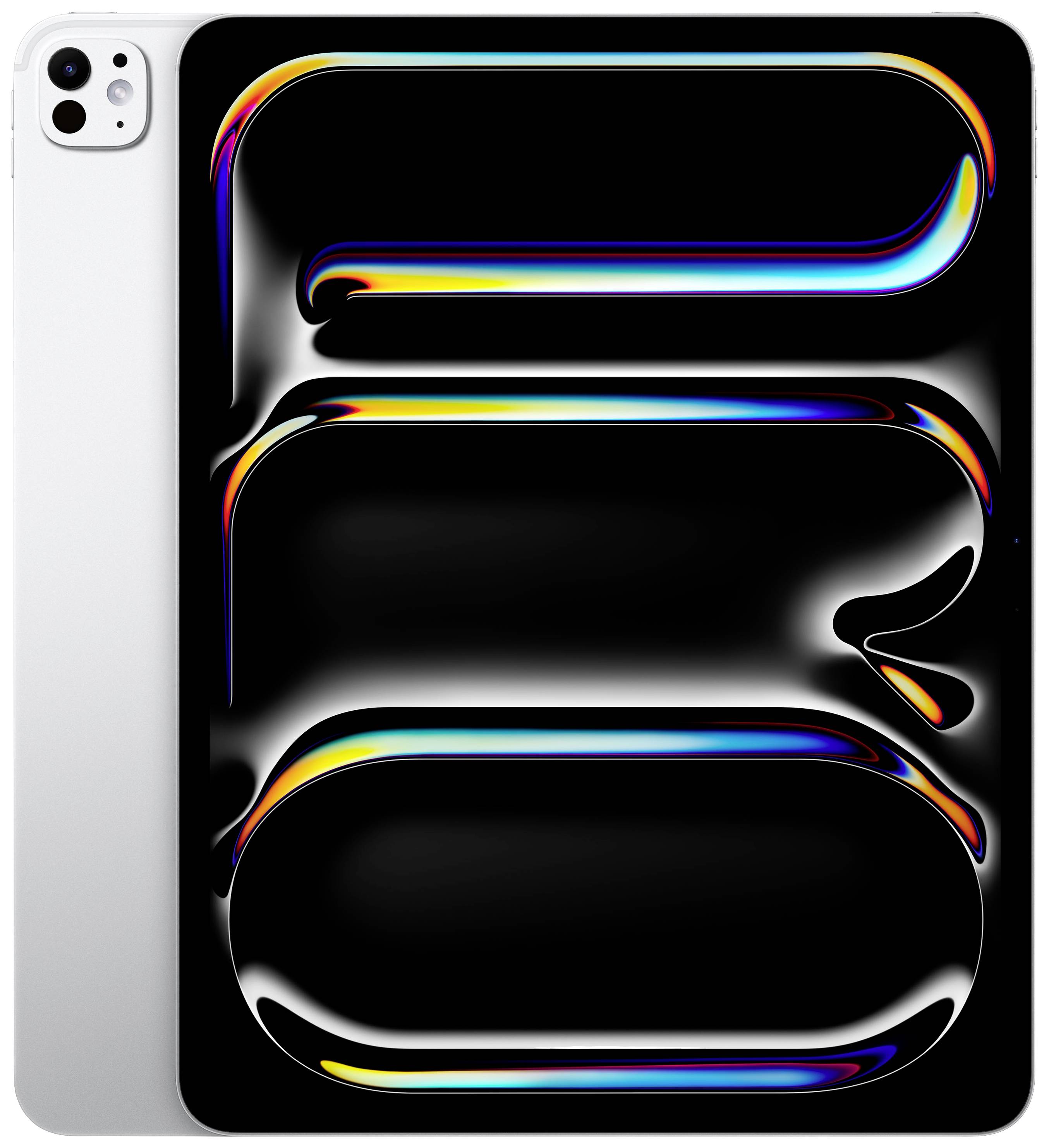 Ein silbernes Tablet mit einer Glasrückseite, die Licht in Regenbogenfarben bricht, auf schwarzem Hintergrund.