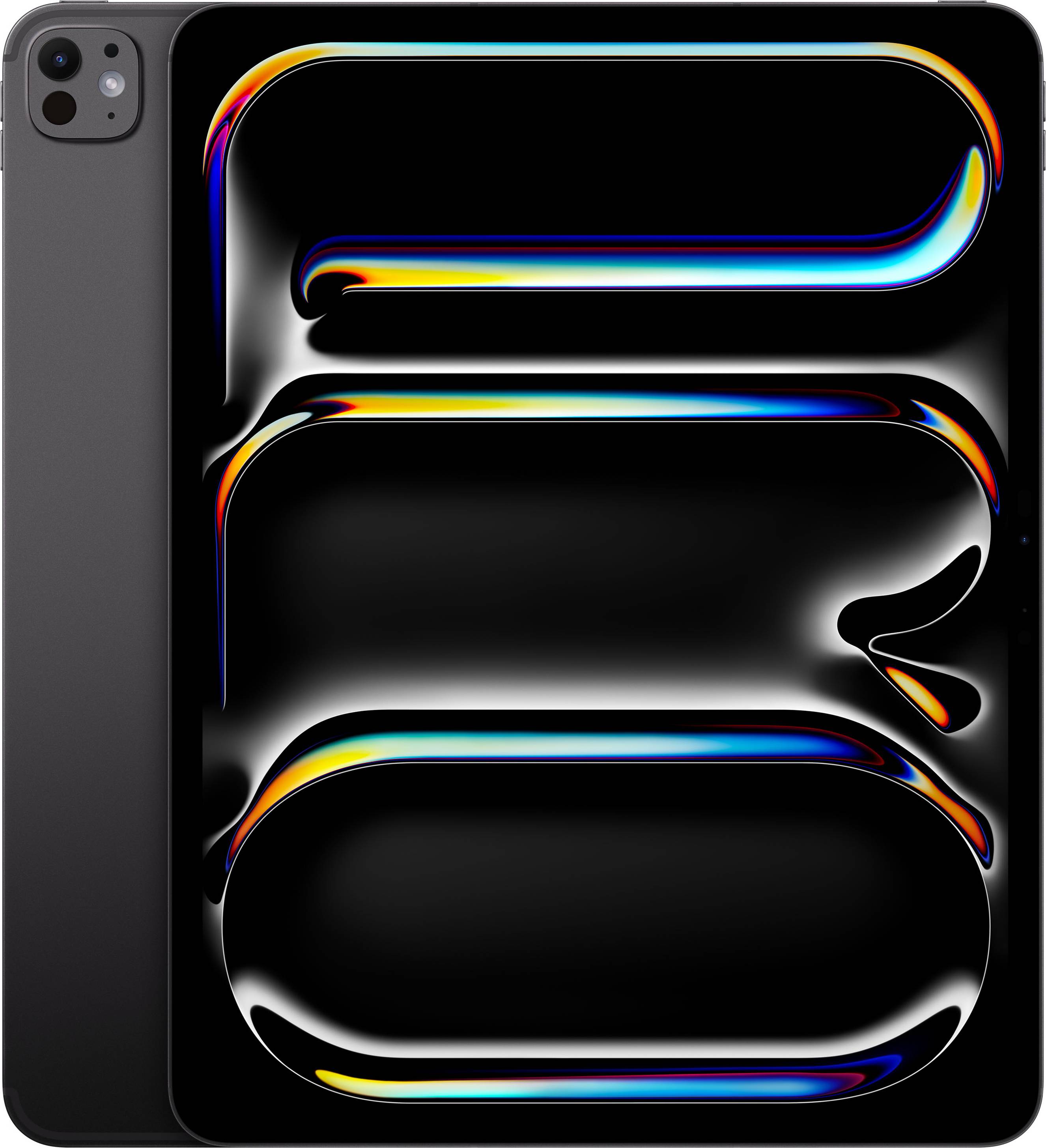 Tablet mit schwarzem Bildschirm, darauf farbige, leuchtende Linien und Muster in Blau, Orange und Gelb.