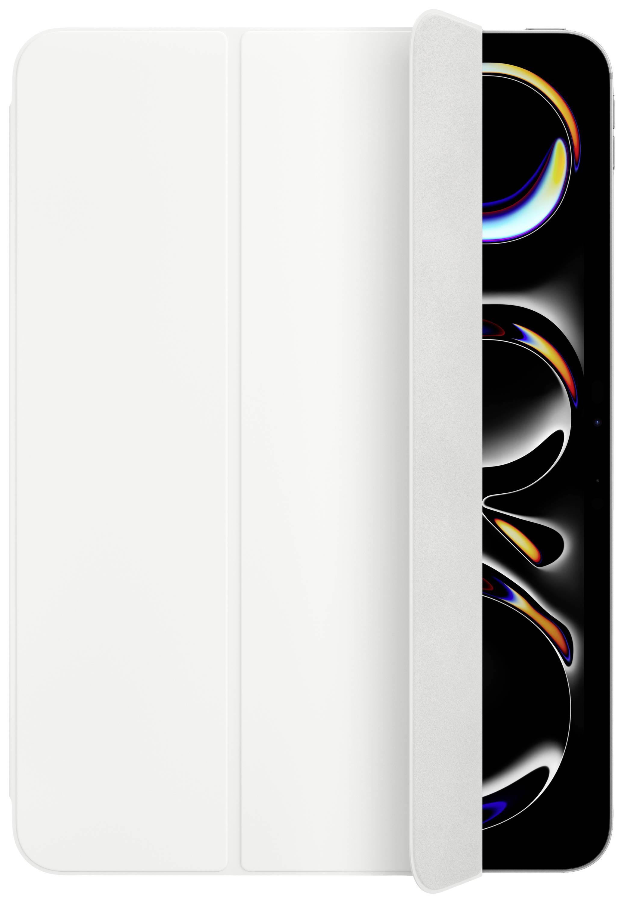 Ein Smartphone zeigt abstrakte bunte Kreise auf schwarzem Hintergrund. Eine weiße Abdeckung ist teilweise geöffnet.
