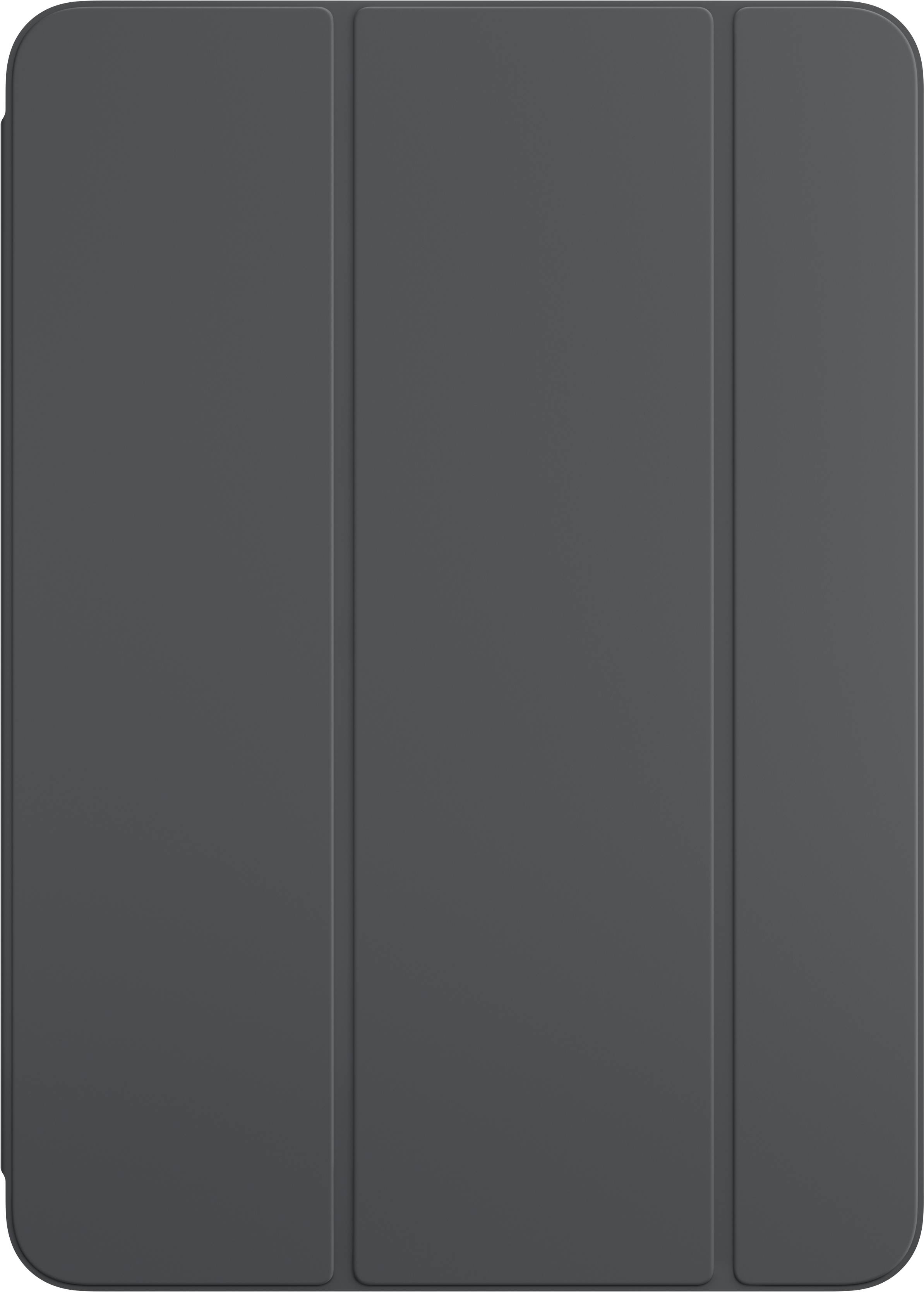 Dunkelgraues, rechteckiges Tablet-Hülle, geschlossen, mit drei vertikalen Falzen, minimalistischem Design.