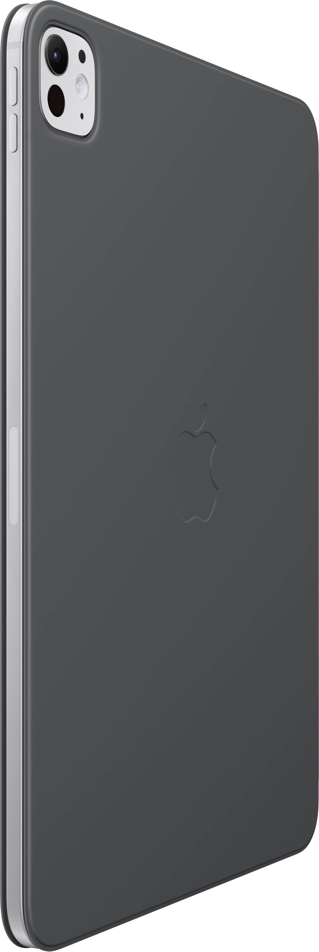 Ein schwarzes Tablet mit einer Kamera in der oberen linken Ecke und einem Apple-Logo in der Mitte der Rückseite.