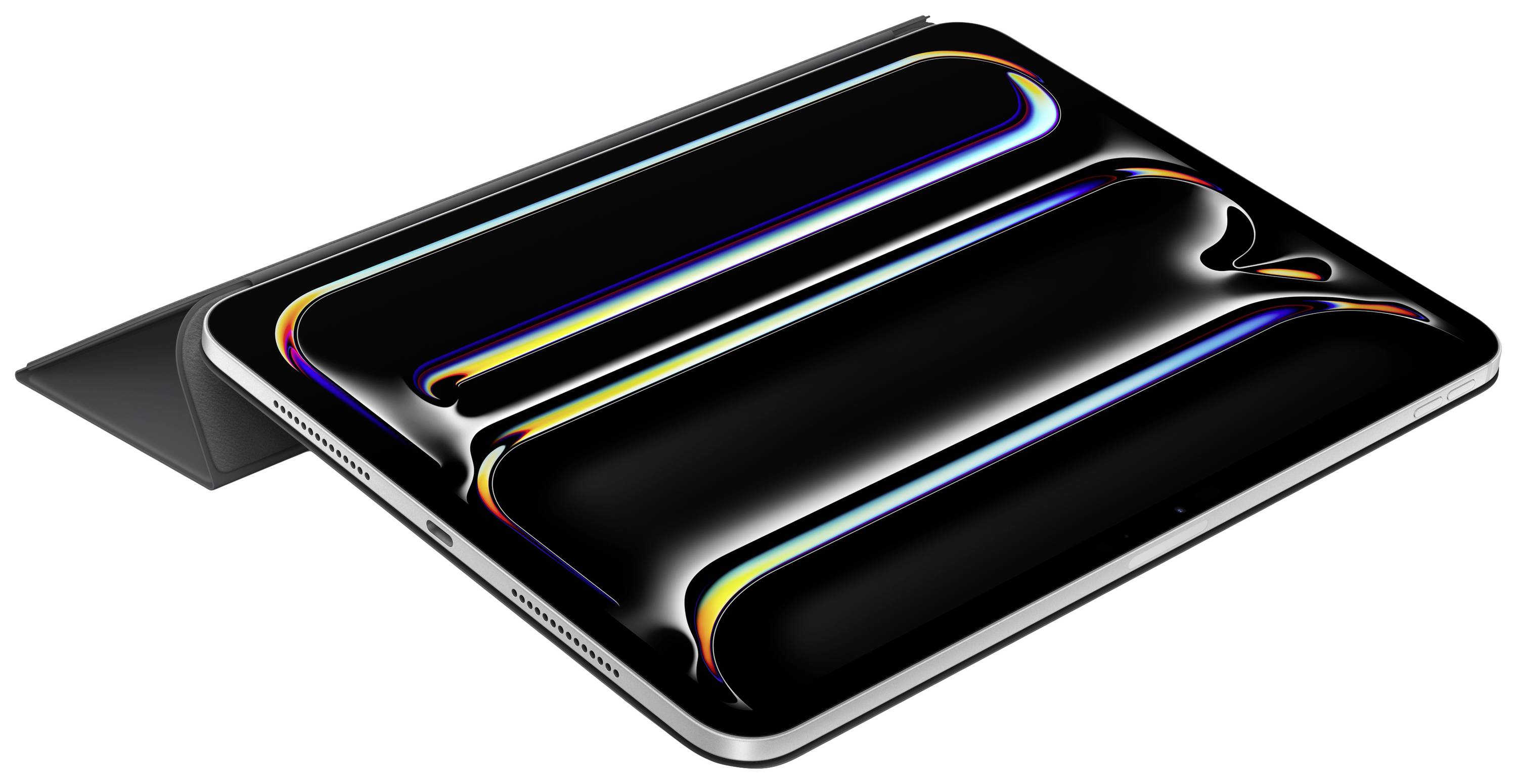 Tablet mit schlafendem Bildschirm und reflektierendem, buntem Muster, seitlich auf einem Tisch liegend.