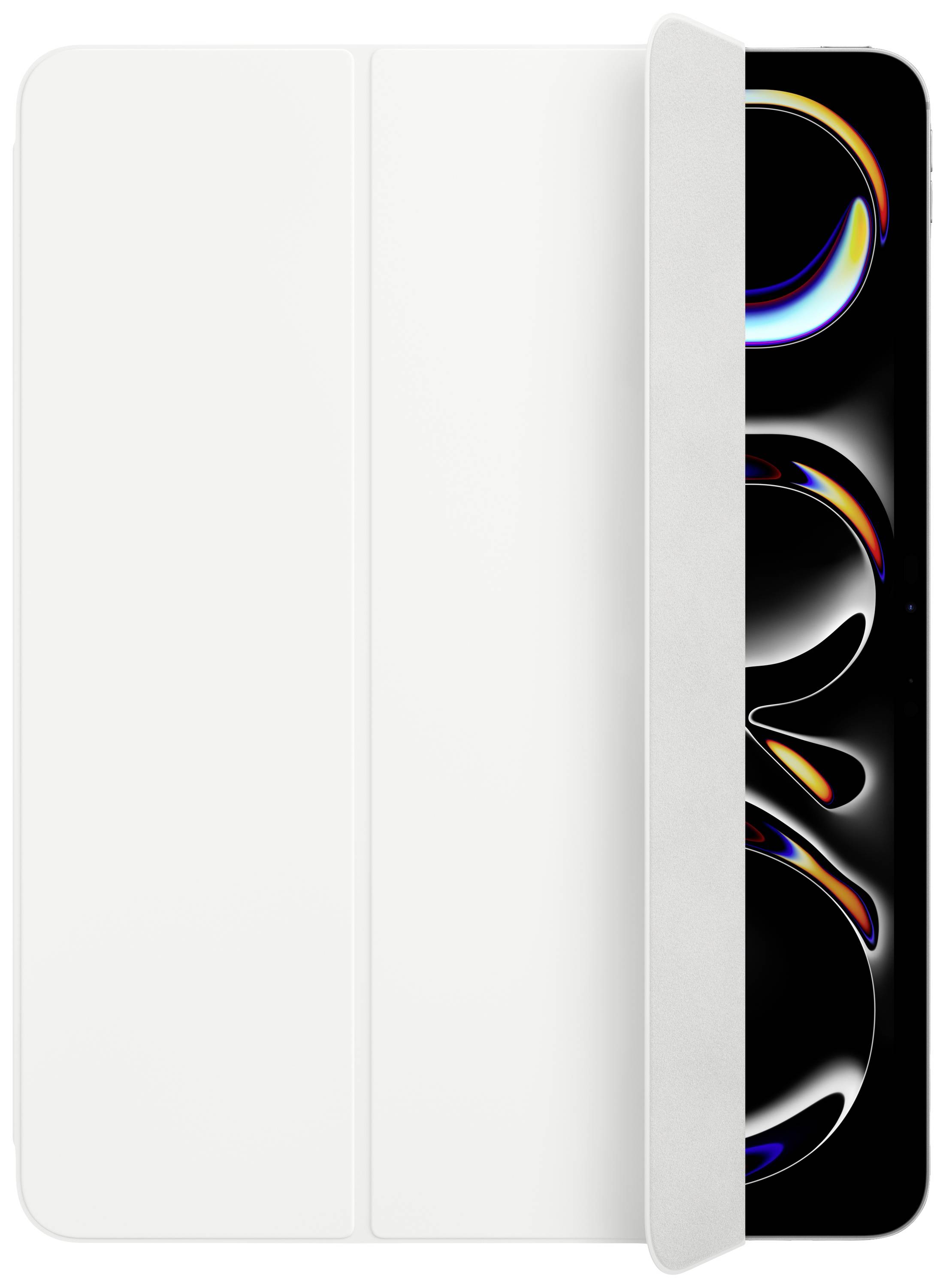 Ein Smartphone mit halboffenem weißem Etui. Der Bildschirm zeigt bunte, abstrakte Muster auf schwarzem Hintergrund.