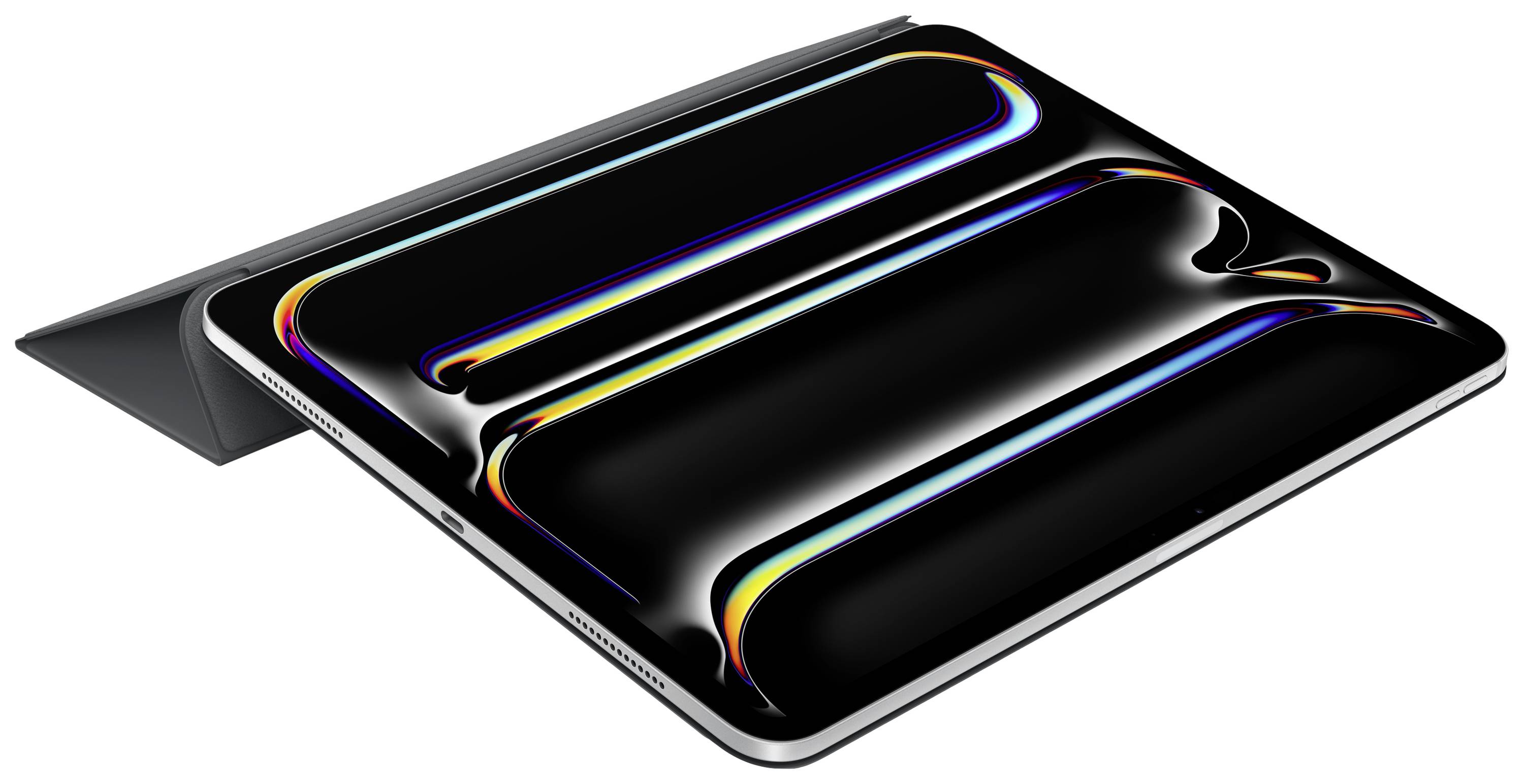 Ein modernes Tablet mit schmalem Rand und einem bunten, wellenartigen Hintergrund auf dem Bildschirm, leicht geneigt positioniert.