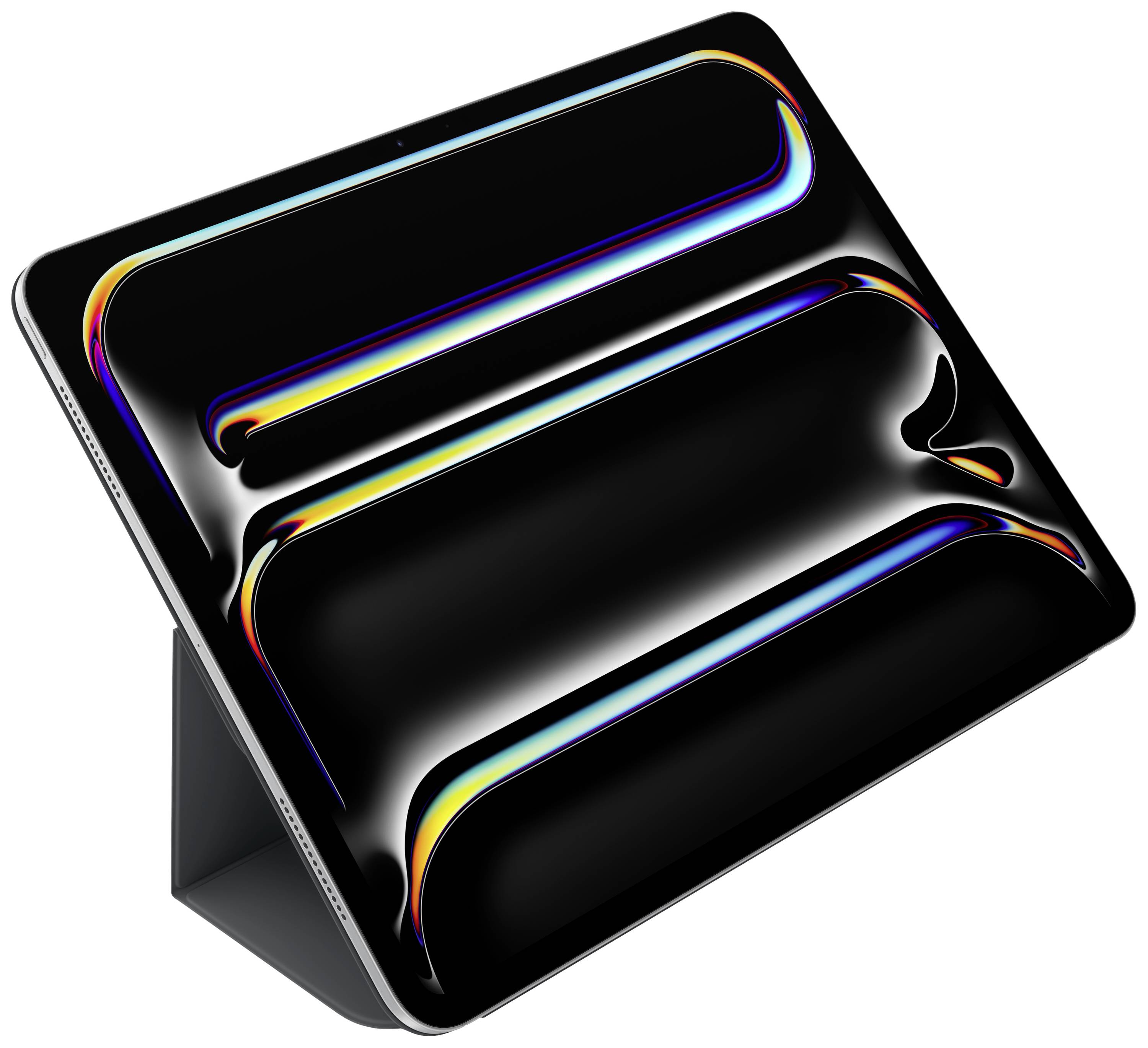 Ein modernes Tablet mit auffälligem, farbigem Bildschirmschoner in Schwarz und Neonfarben, auf einem Ständer positioniert.