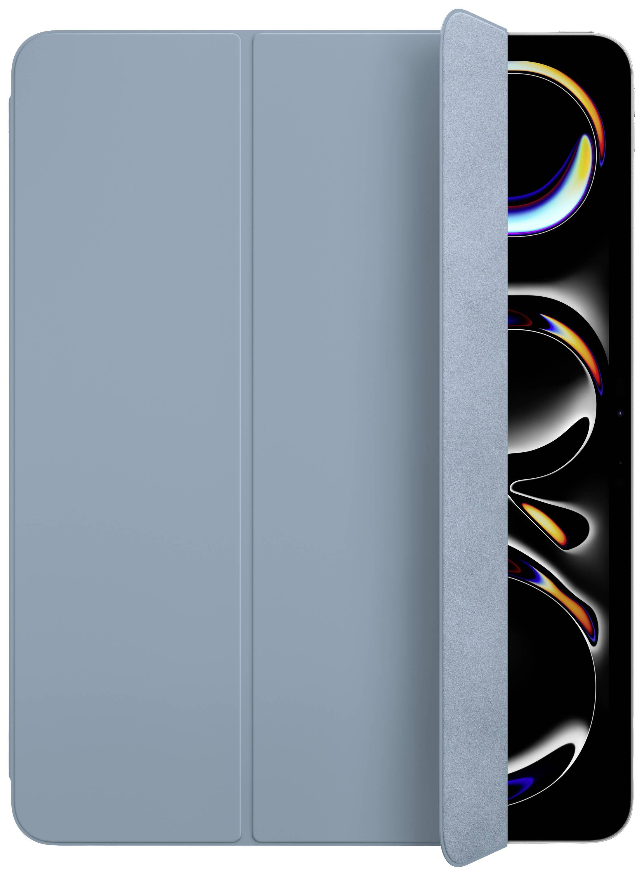 Ein Smartphone mit einem blauen Flip-Case, das teilweise geöffnet ist, zeigt einen abstrakten Bildschirmhintergrund mit leuchtenden Farben.