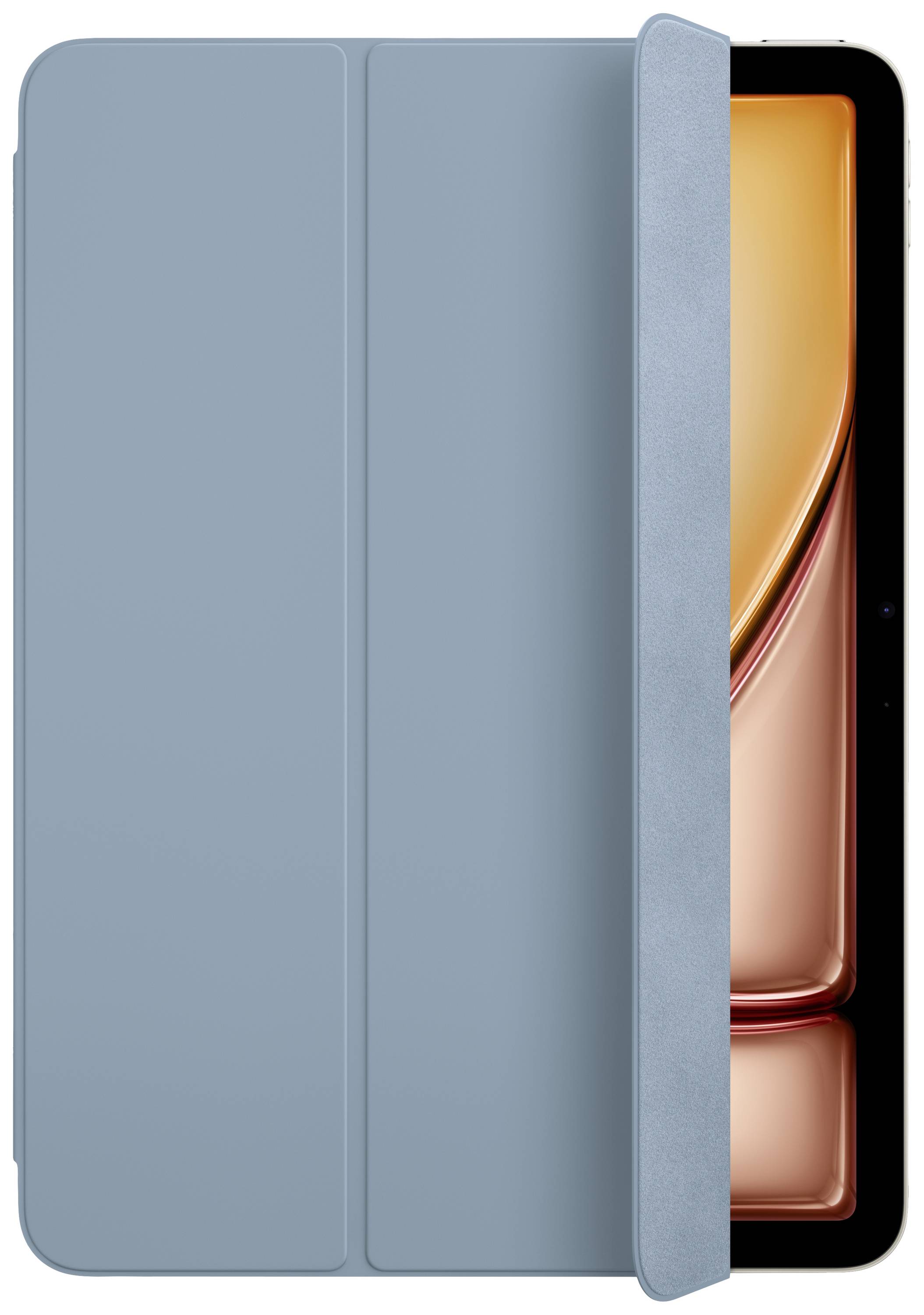 Tablet mit blauem Smart-Cover teilweise geöffnet, zeigt ein leuchtendes Display.