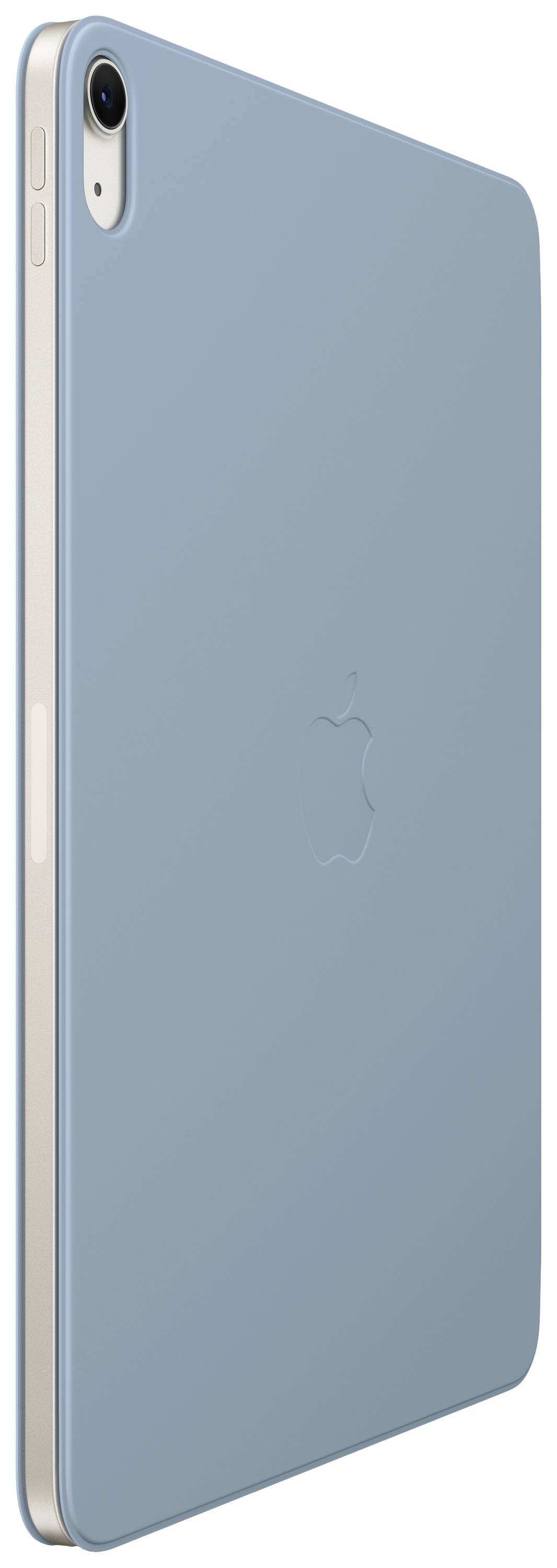 Ein hellblaues Tablet mit Kamera oben links und Apple-Logo in der Mitte der Rückseite.