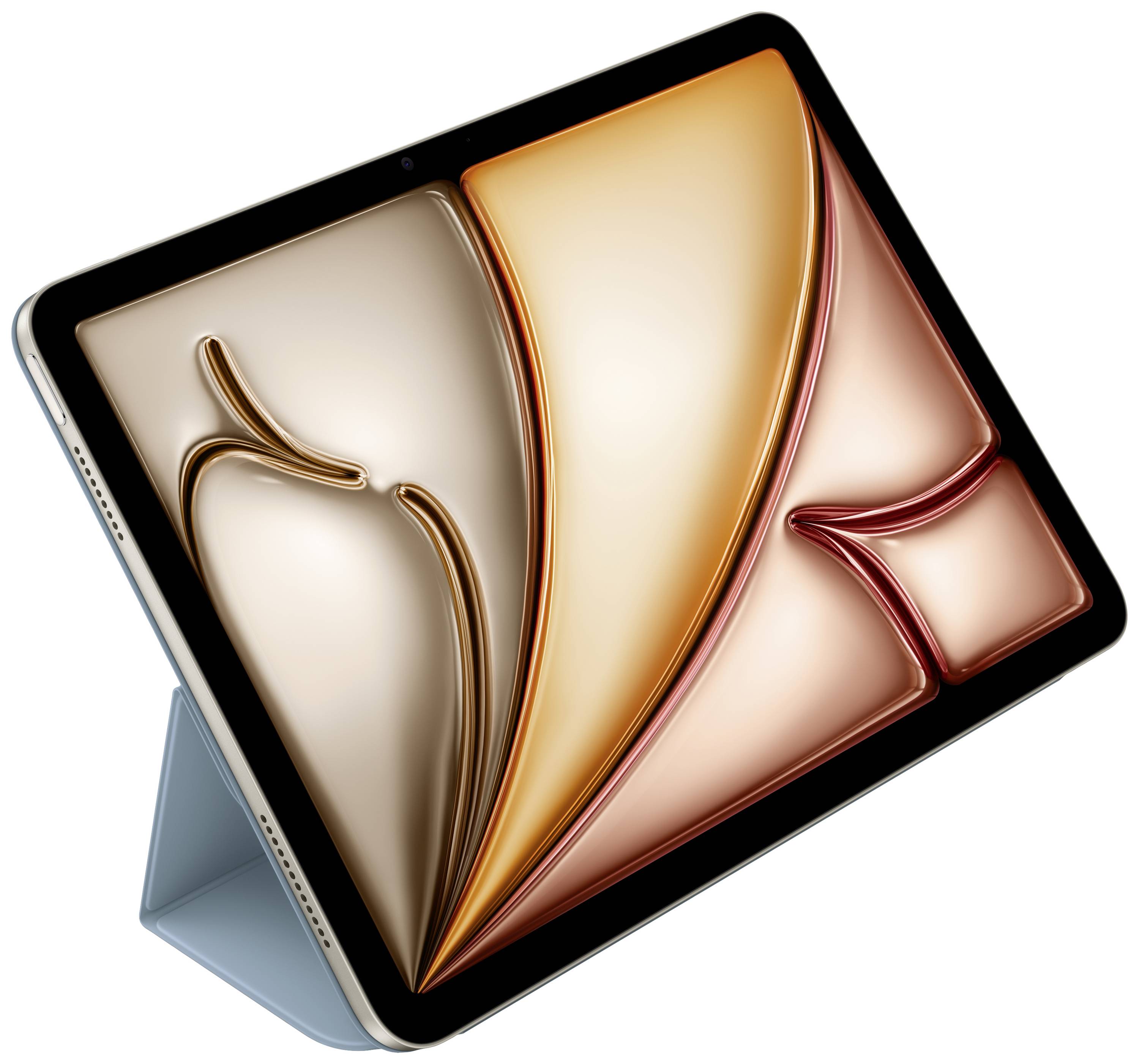 Ein Tablet mit Ständer, Bildschirm zeigt ein abstraktes Design in erdigen Farben.