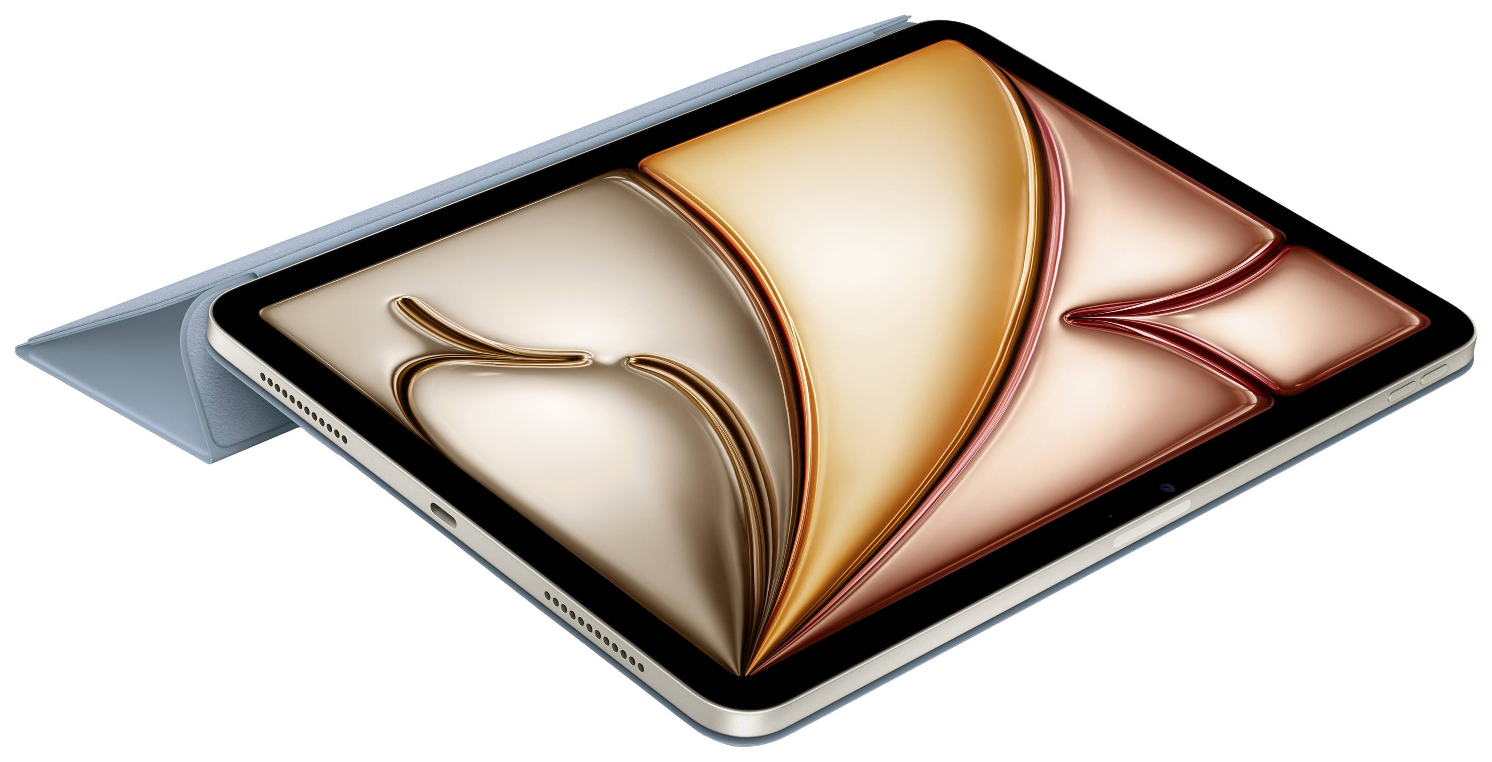 Tablet mit schmalem Rand und Stift, auf dem ein abstraktes Design in Beige- und Orangetönen angezeigt wird.