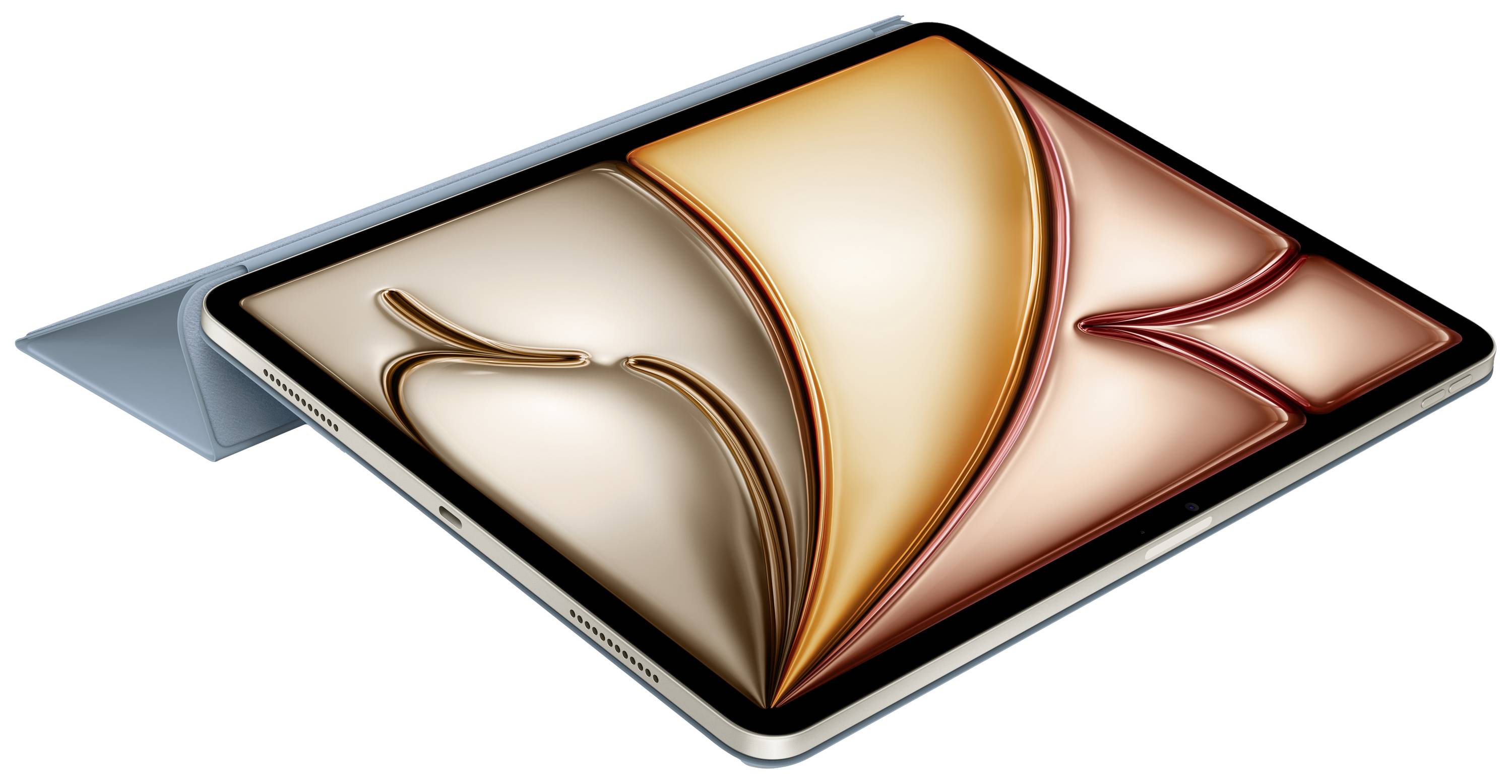 Tablet in schräger Ansicht mit bunter, abstrakter Darstellung auf dem Bildschirm, auf einem hellblauen Cover liegend.