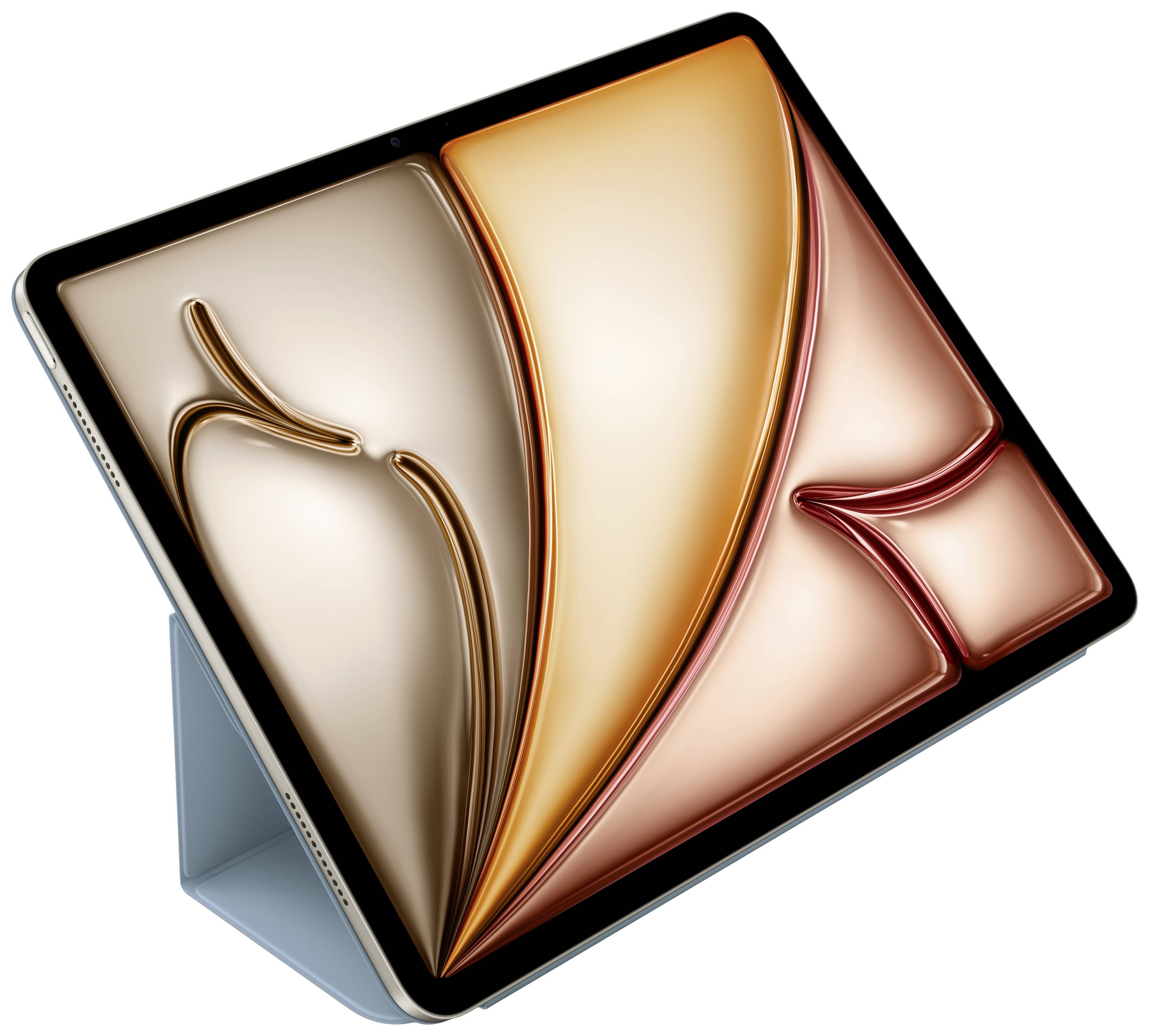 Tablet mit buntem abstraktem Kunstbildschirm, geneigt auf einem blauen Ständer.