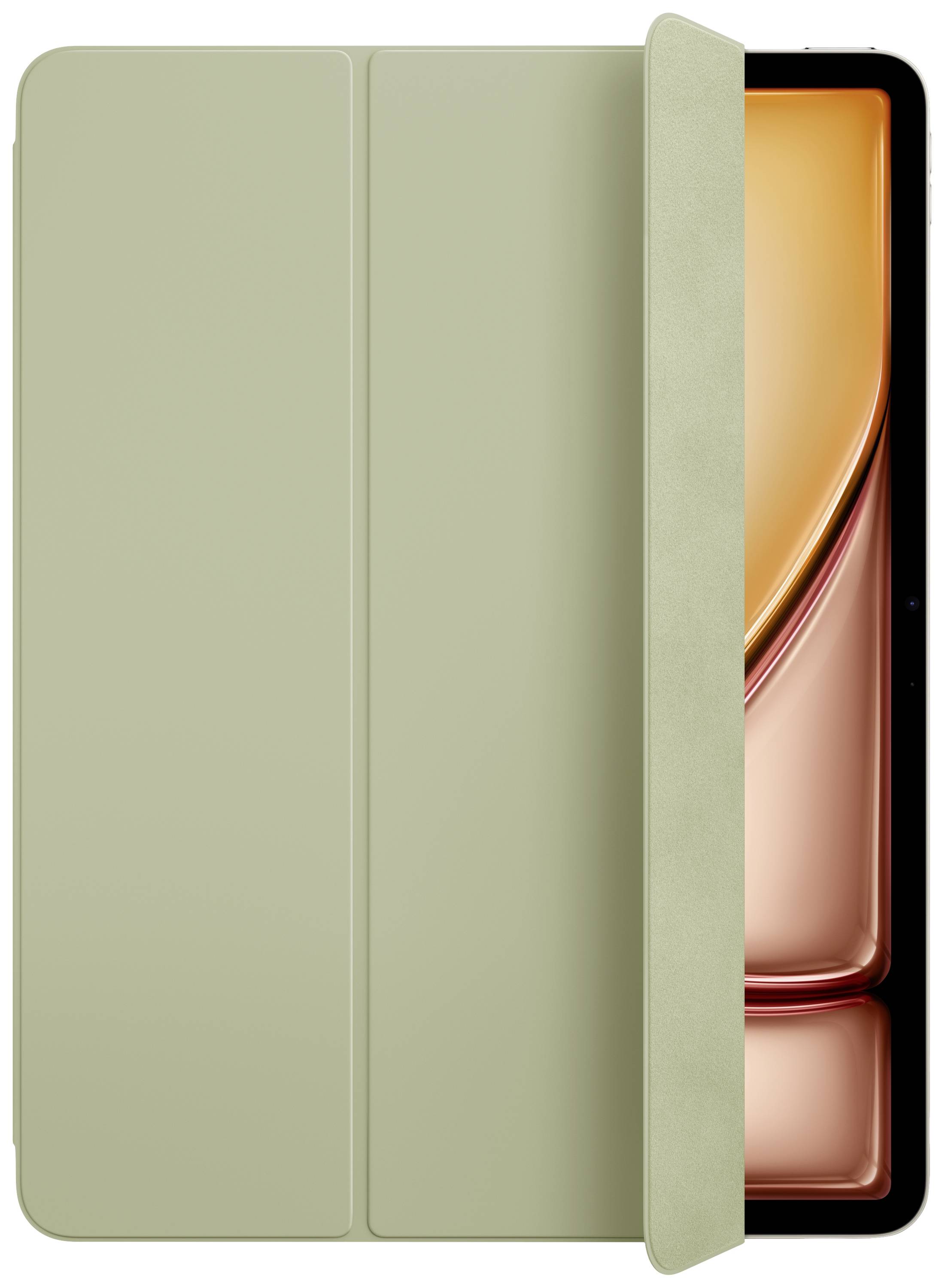 Ein Tablet mit einem grünen Schutzcover. Das Cover ist leicht geöffnet und zeigt das Display des Tablets mit orangefarbenen Inhalten.