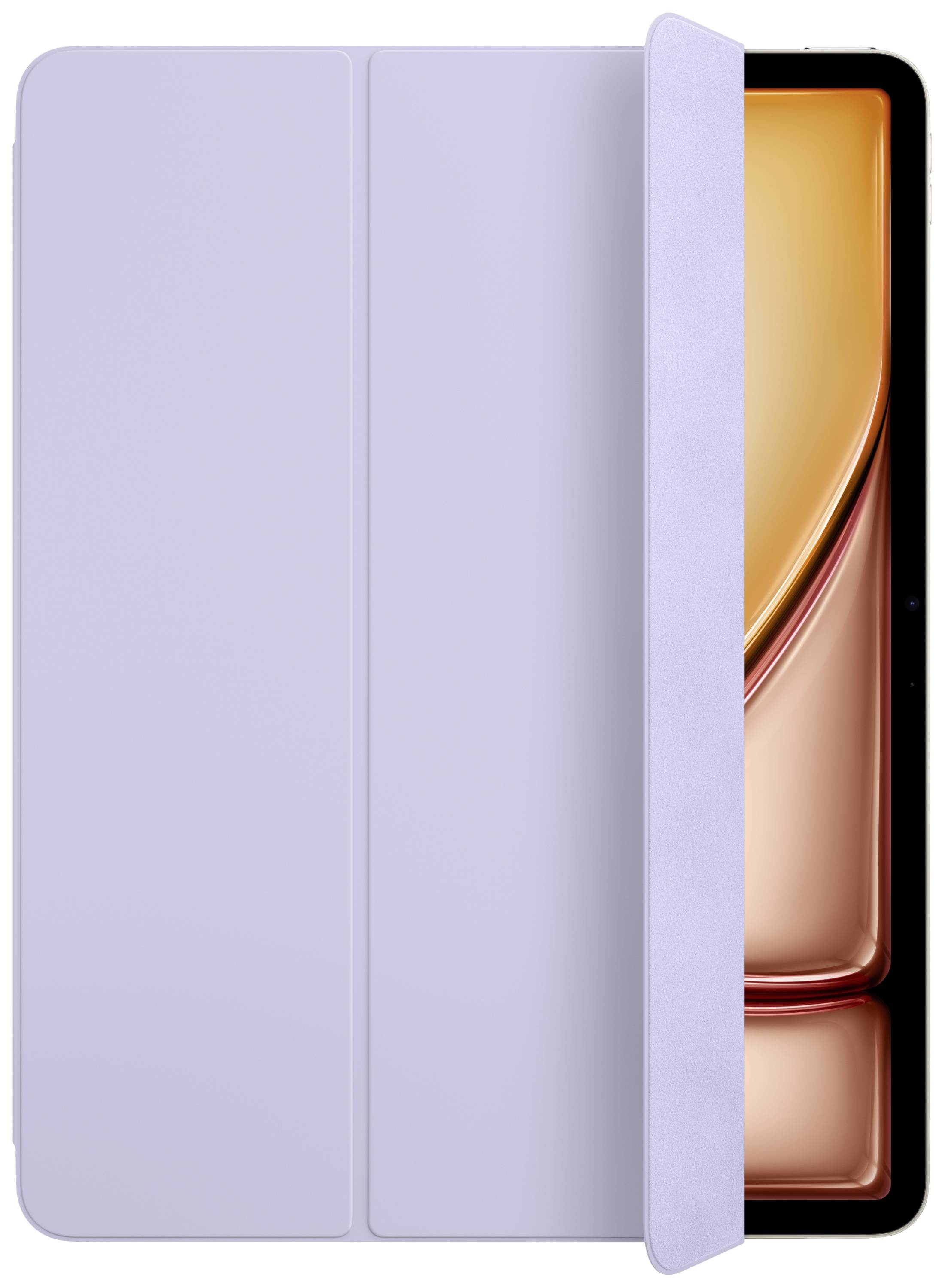 Lila Tablet-Schutzhülle, ein Teil geöffnet, zeigt Tablet-Bildschirm mit orangefarbenem Hintergrund.