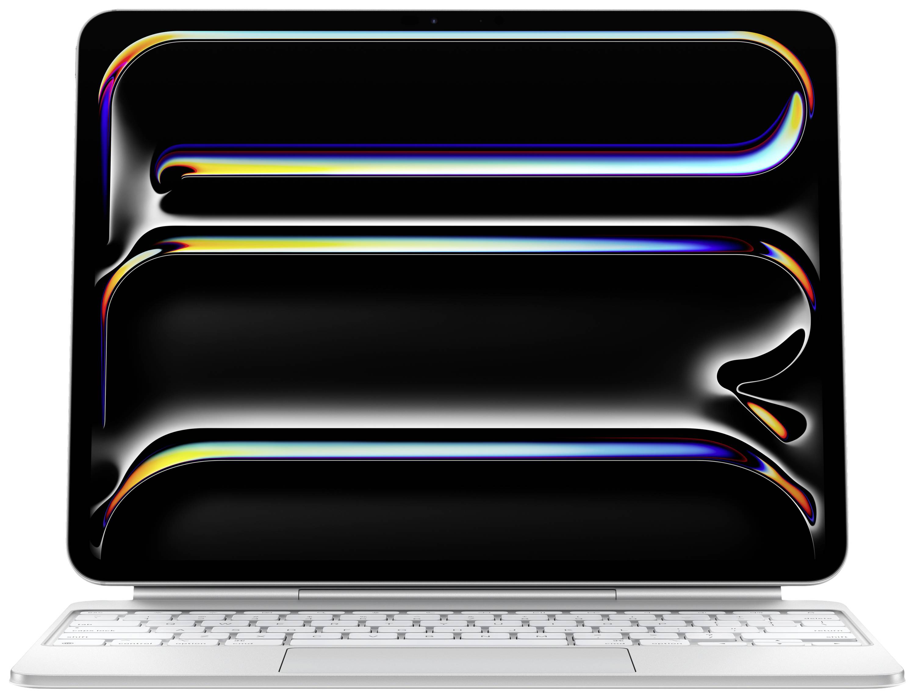 Ein Laptop mit einem großem Bildschirm zeigt abstrakte, leuchtende Formen auf schwarzem Hintergrund. Das Gerät hat eine weiße Tastatur.