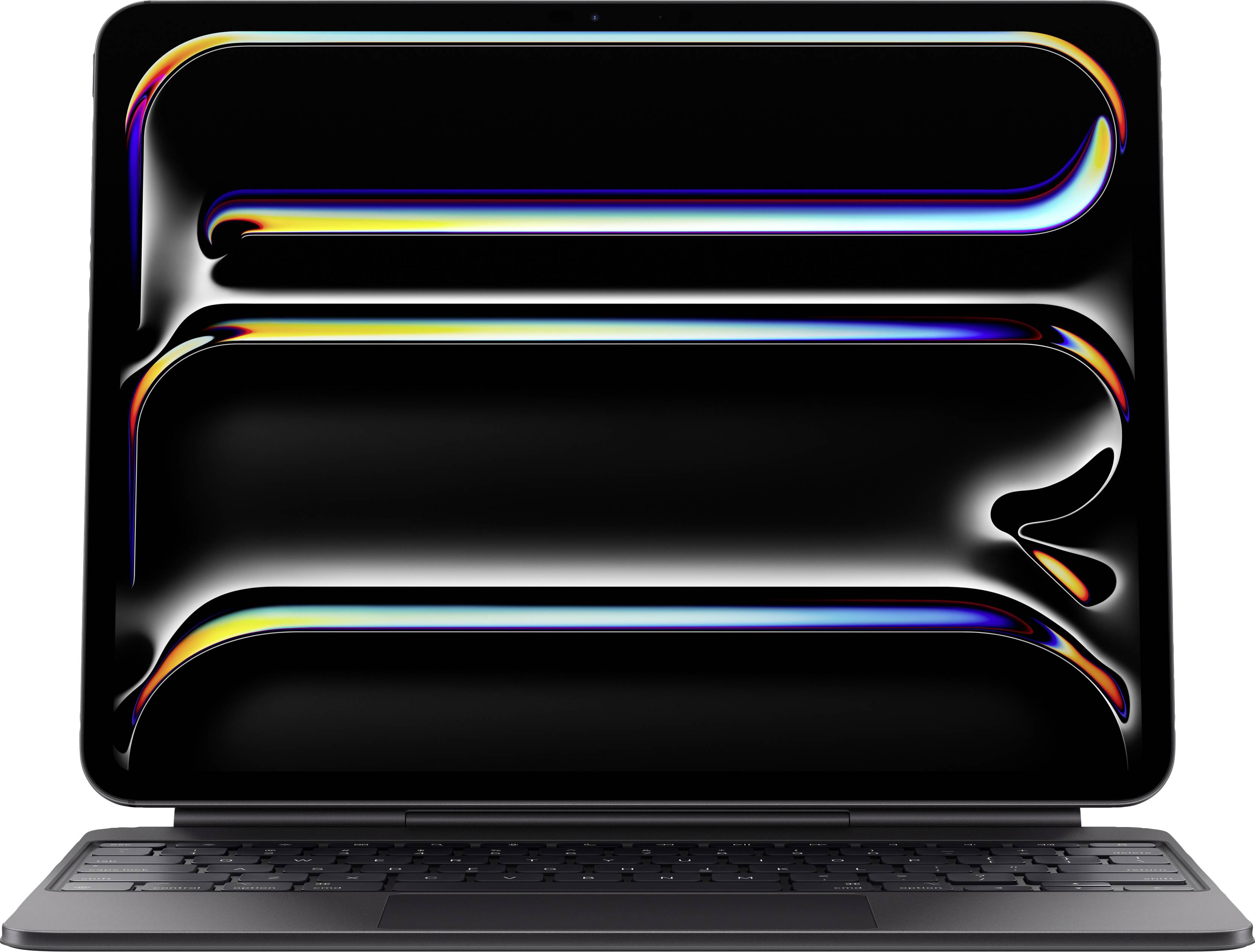 Ein Laptop mit beeindruckendem Retina-Display, das bunte Lichtreflexionen in Form geschwungener Linien auf dem Bildschirm zeigt.