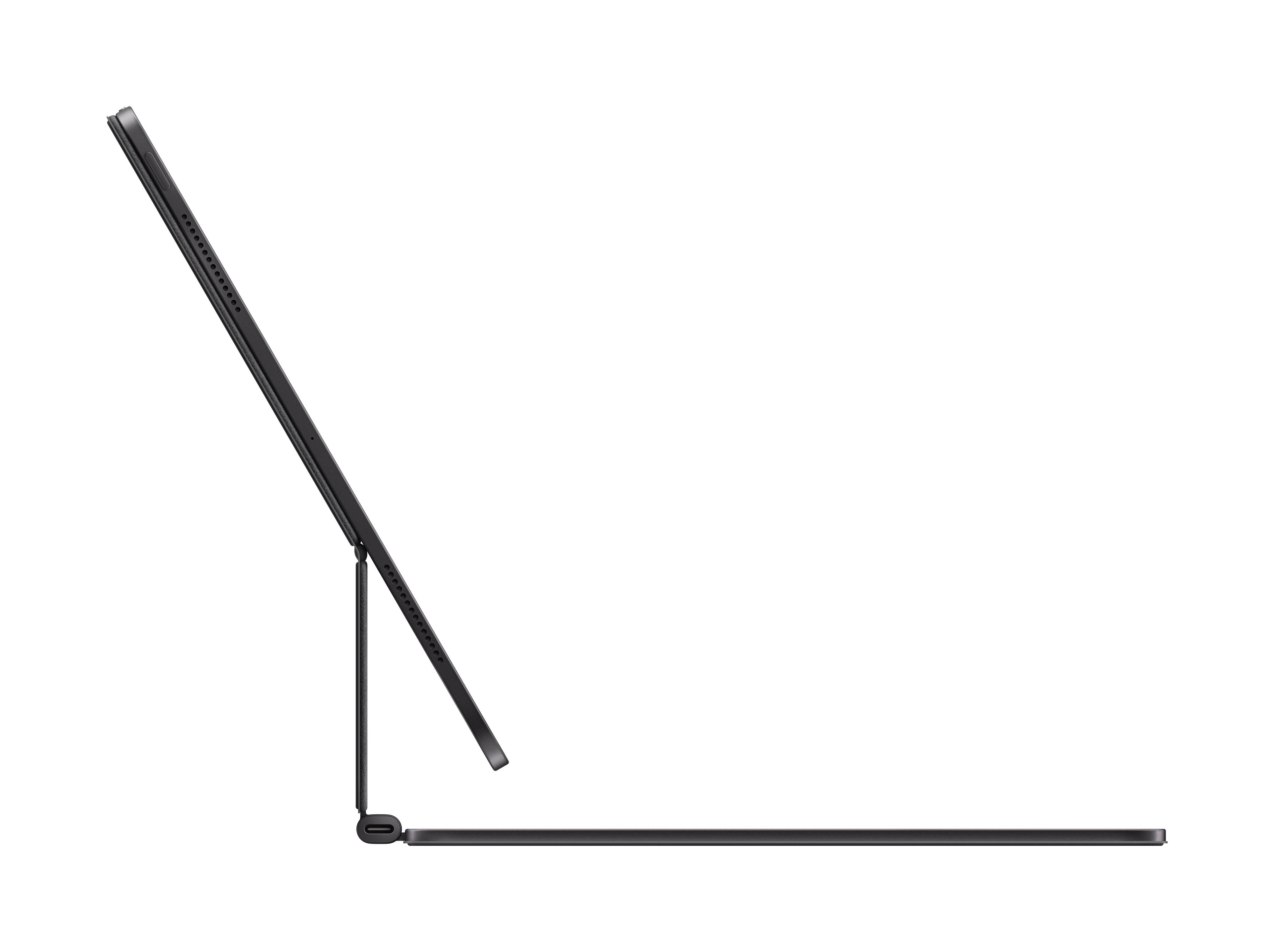 Tablet in seitlichem Profil, schwebend auf einer Tastaturhülle, die einen Laptop ähnelt.