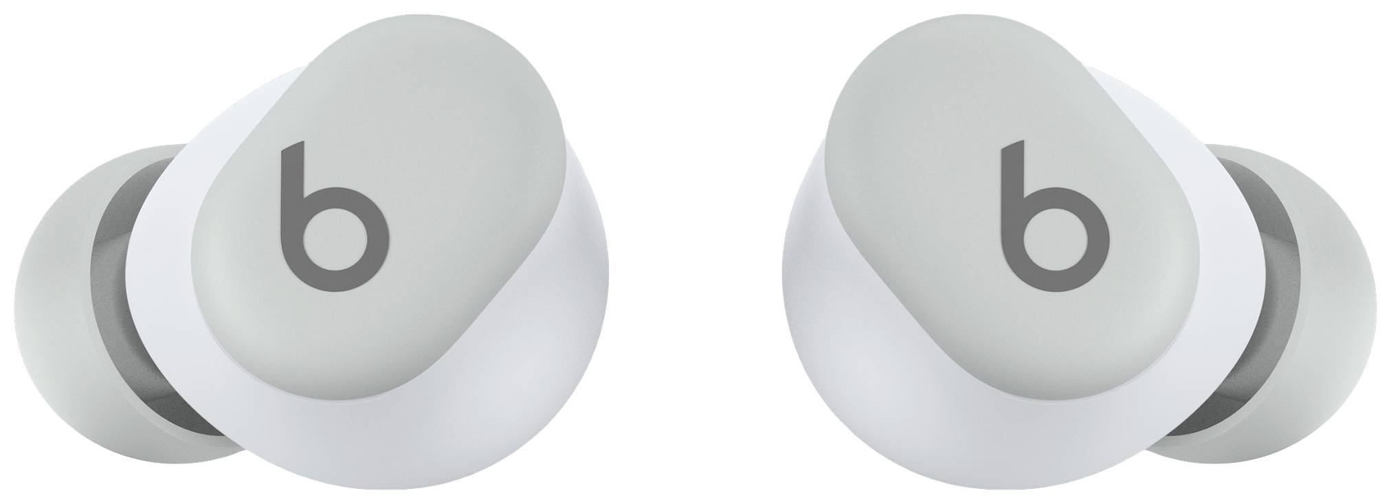 Zwei kabellose weiße Ohrstöpsel mit grauem 'b'-Logo oben. Design schlicht, markant für Musik und Anrufe.