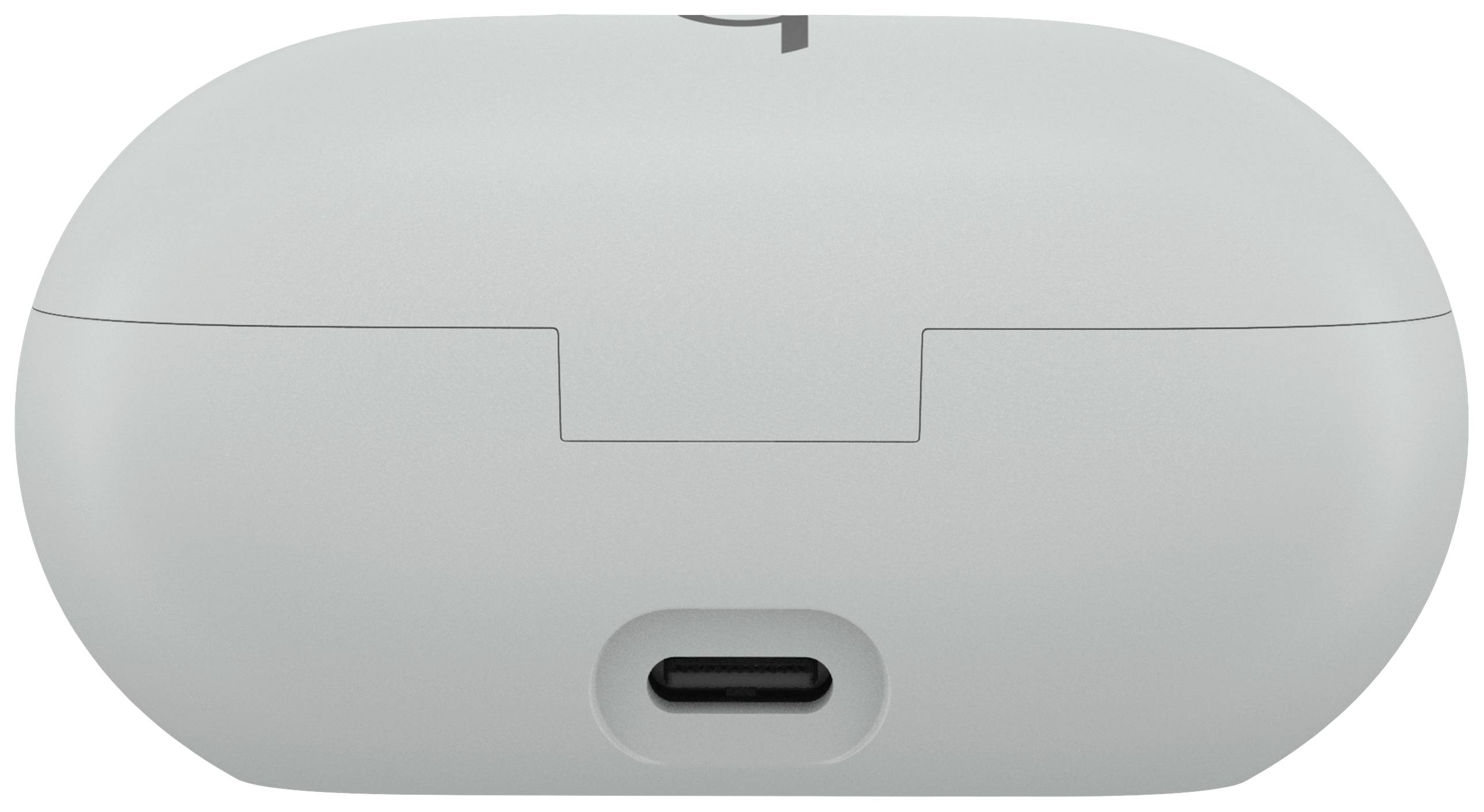 Das Bild zeigt die Rückseite eines hellgrauen elektronischen Ladegehäuses mit einem USB-C-Anschluss in der Mitte.