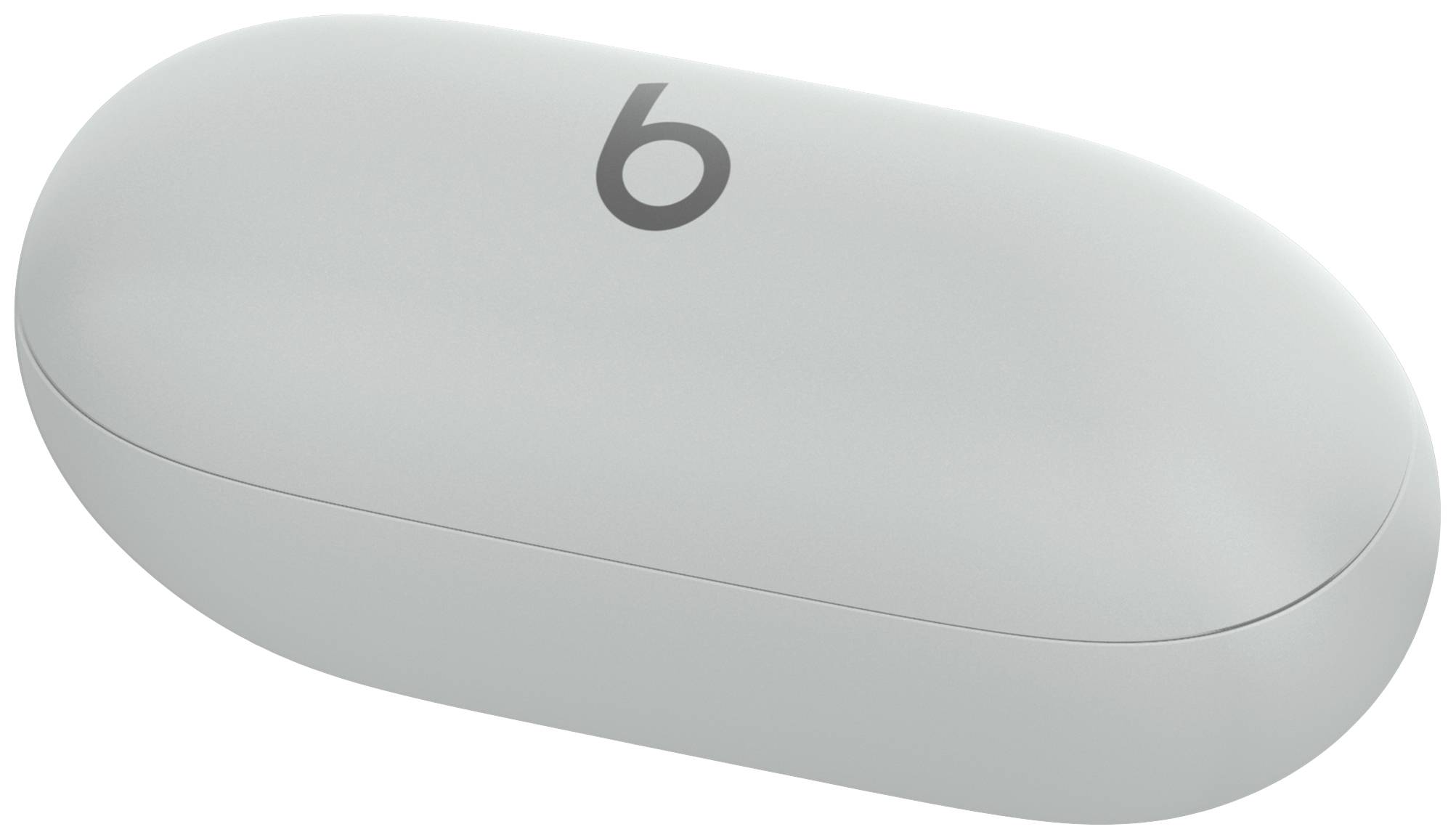 Graues Etui mit einem 'b'-Logo auf der Oberseite, vermutlich für kabellose Kopfhörer.