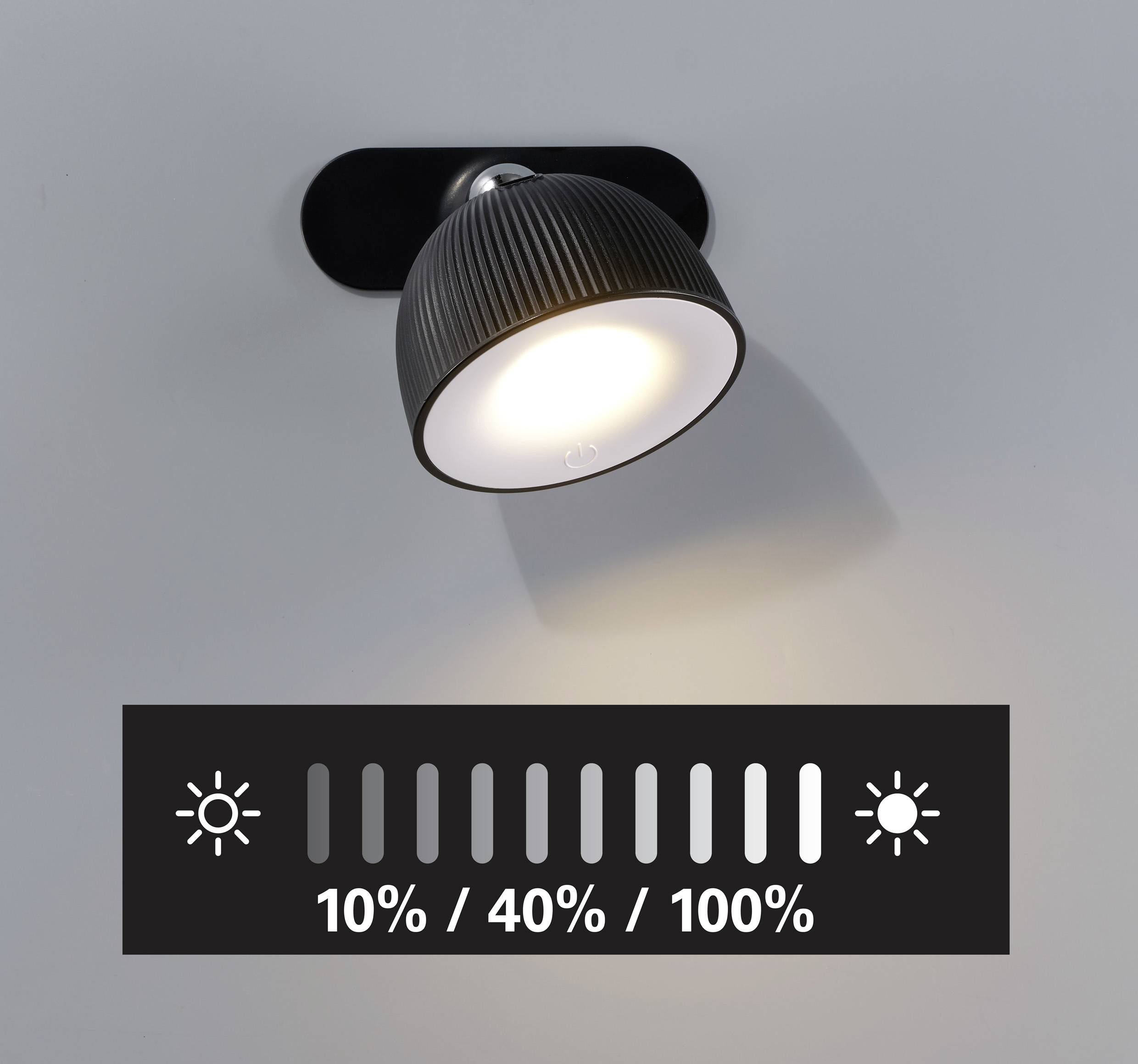 Lampe an der Wand mit Dimmfunktion. Bedienfeld zeigt drei Helligkeitsstufen: 10%, 40%, 100%.