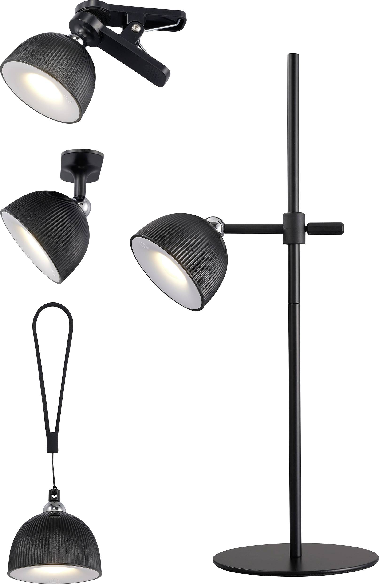 Mehrere schwarze Leuchten: Eine Tischlampe, eine Klemmlampe und eine Hängeleuchte, alle mit gerippten Lampenschirmen und modernem Design.