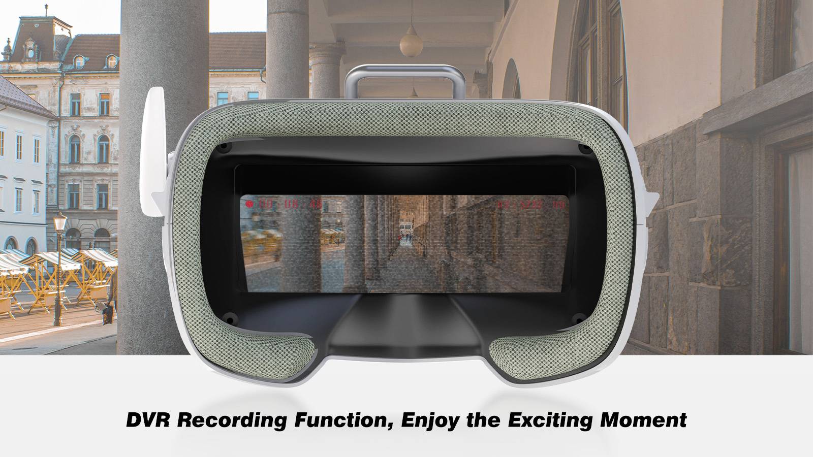 VR-Brille mit Stadtansicht durch die Linsen. Text am unteren Rand: 'DVR Recording Function, Enjoy the Exciting Moment'.